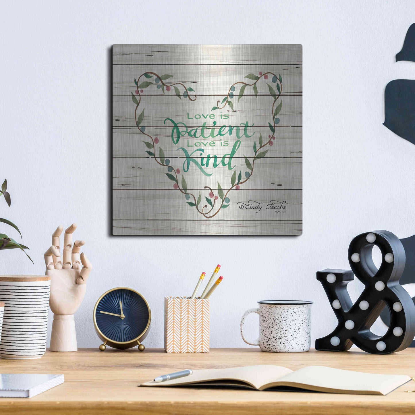 Luxe Metal Art 'Love is Patient Heart Wreath' by Cindy Jacobs, Metal Wall Art,12x12