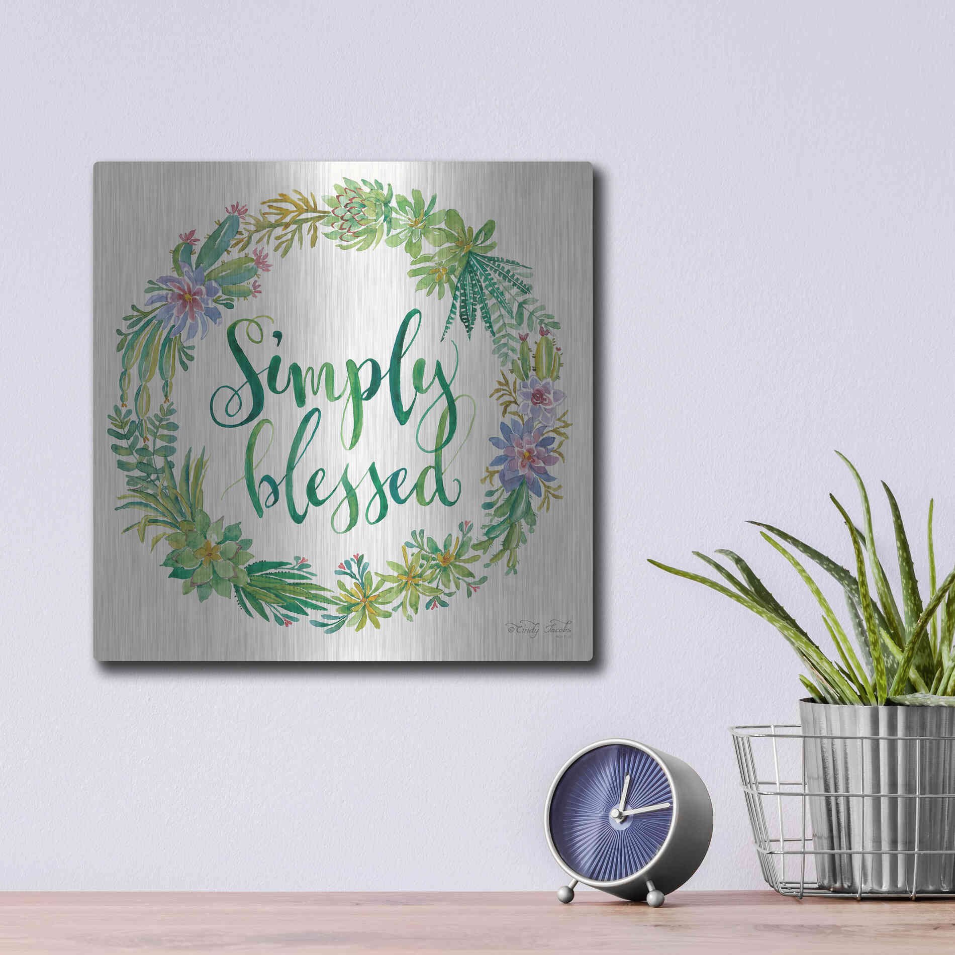 Luxe Metal Art 'Simply Blessed Succulent Wreath' by Cindy Jacobs, Metal Wall Art,12x12