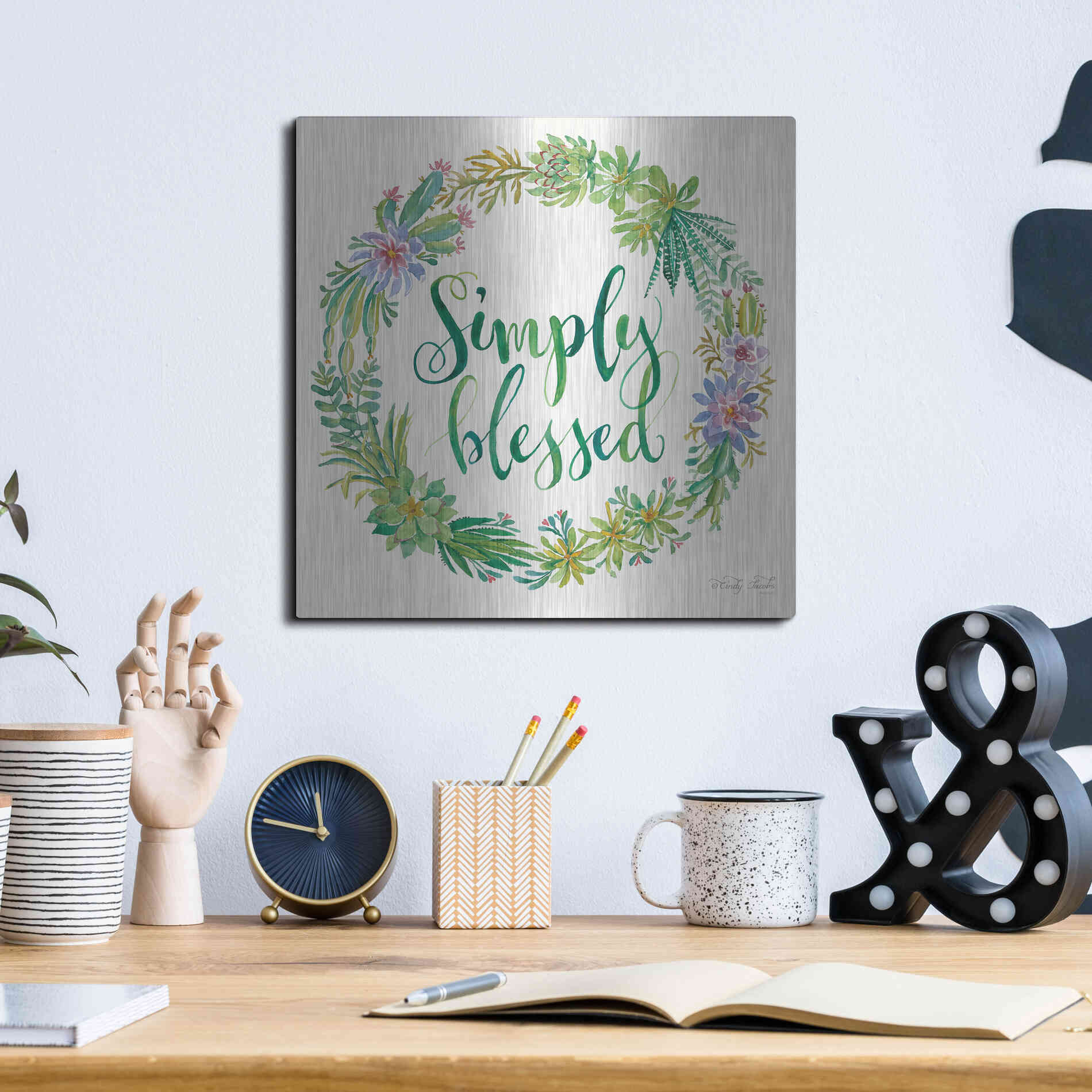 Luxe Metal Art 'Simply Blessed Succulent Wreath' by Cindy Jacobs, Metal Wall Art,12x12