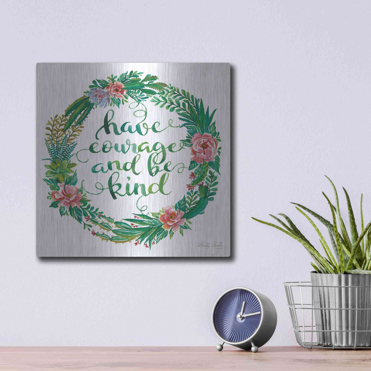 Luxe Metal Art 'Have Courage Succulent Wreath' by Cindy Jacobs, Metal Wall Art,12x12