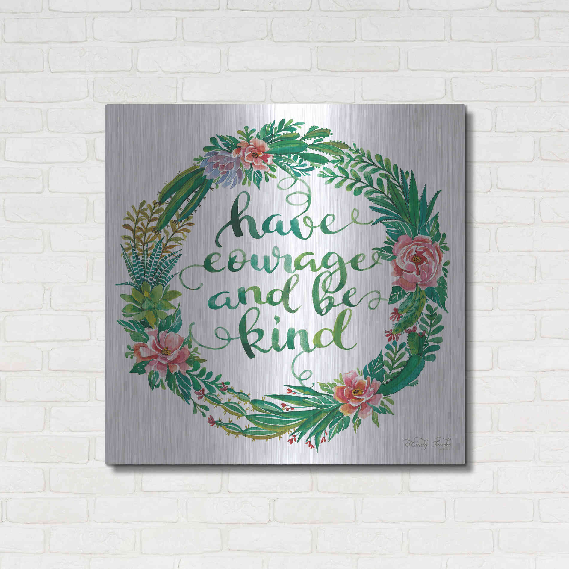 Luxe Metal Art 'Have Courage Succulent Wreath' by Cindy Jacobs, Metal Wall Art,36x36
