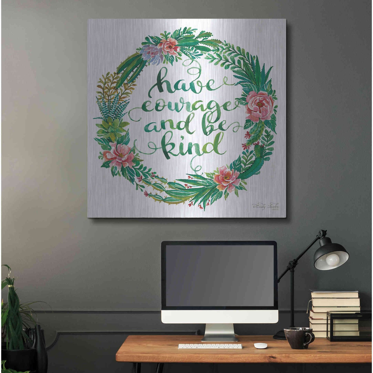 Luxe Metal Art 'Have Courage Succulent Wreath' by Cindy Jacobs, Metal Wall Art,36x36