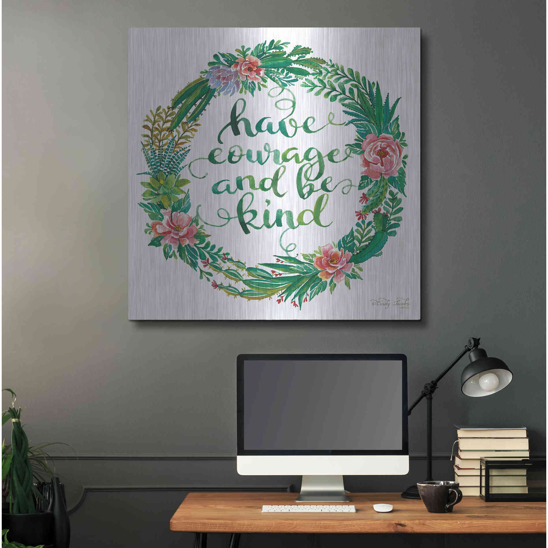 Luxe Metal Art 'Have Courage Succulent Wreath' by Cindy Jacobs, Metal Wall Art,36x36