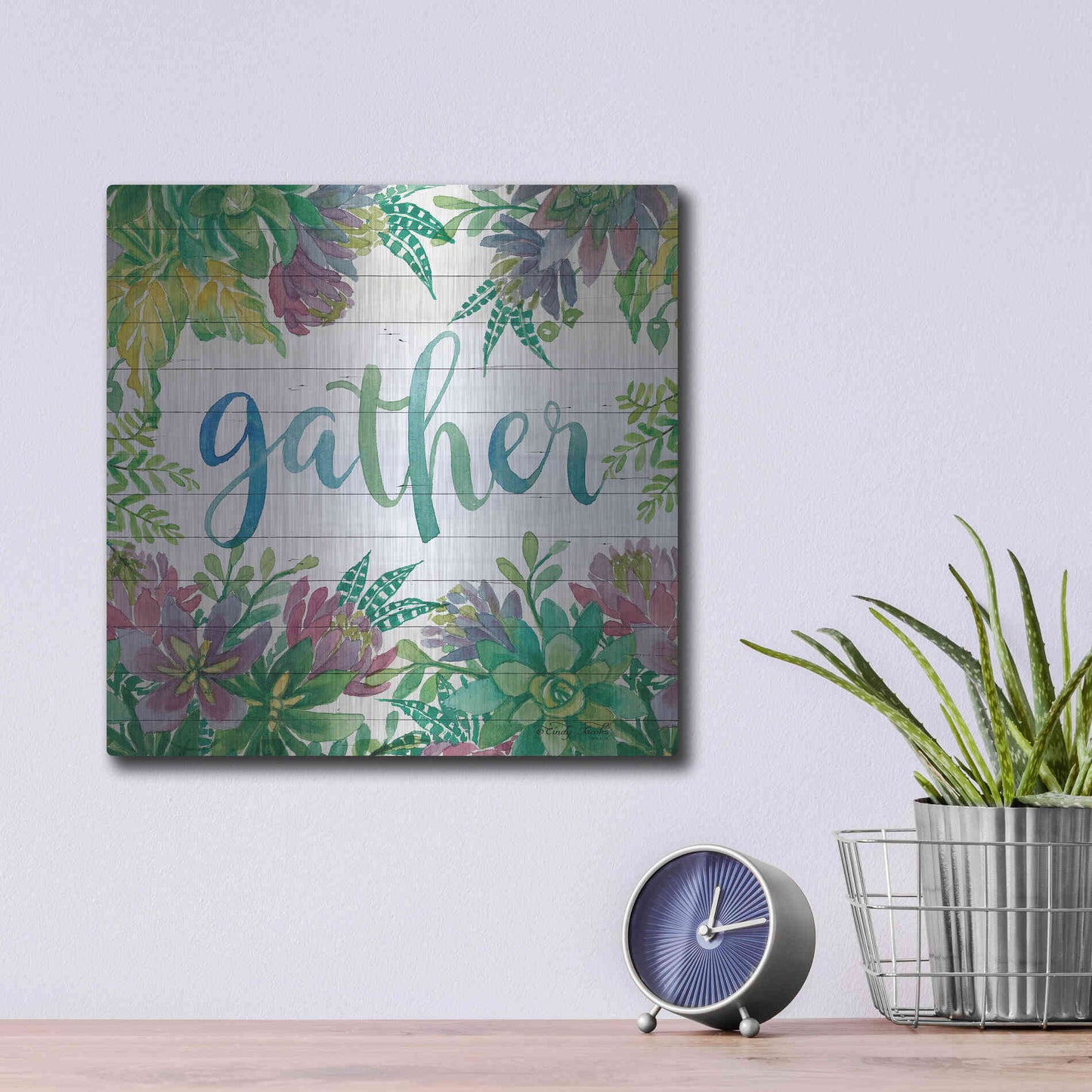 Luxe Metal Art 'Gather Succulents' by Cindy Jacobs, Metal Wall Art,12x12