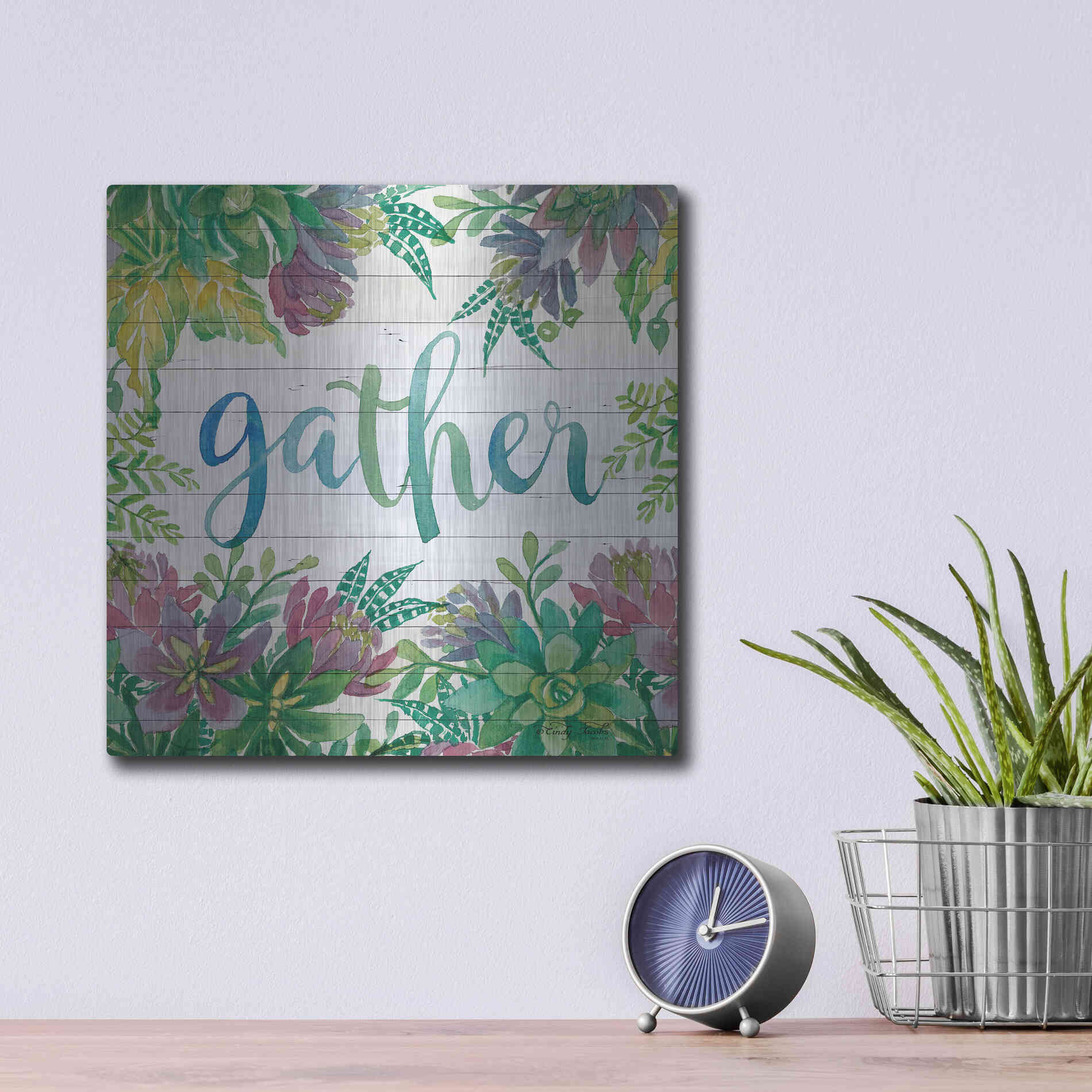 Luxe Metal Art 'Gather Succulents' by Cindy Jacobs, Metal Wall Art,12x12