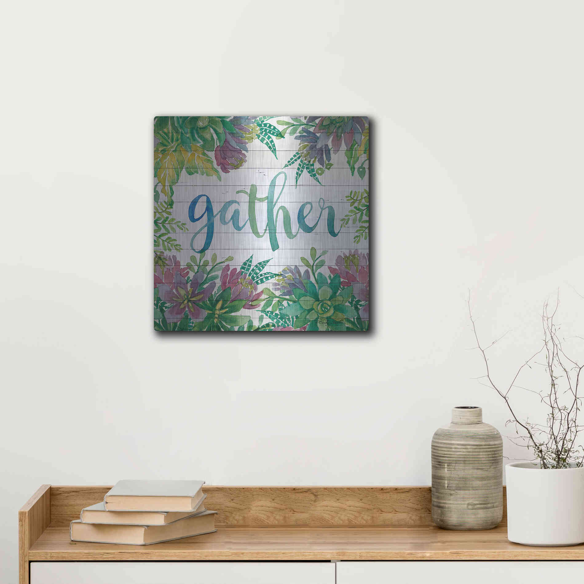 Luxe Metal Art 'Gather Succulents' by Cindy Jacobs, Metal Wall Art,12x12