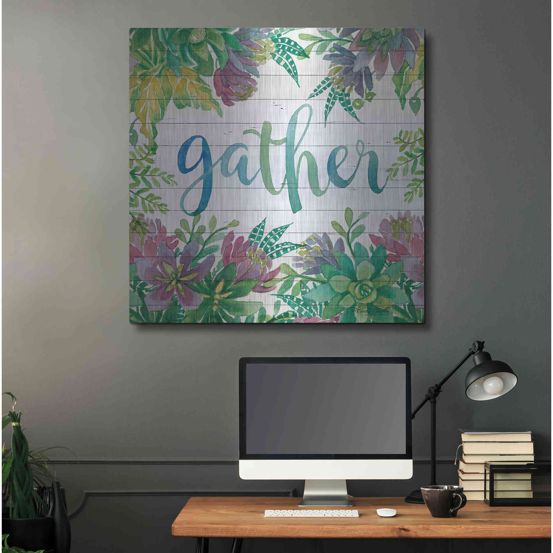 Luxe Metal Art 'Gather Succulents' by Cindy Jacobs, Metal Wall Art,36x36