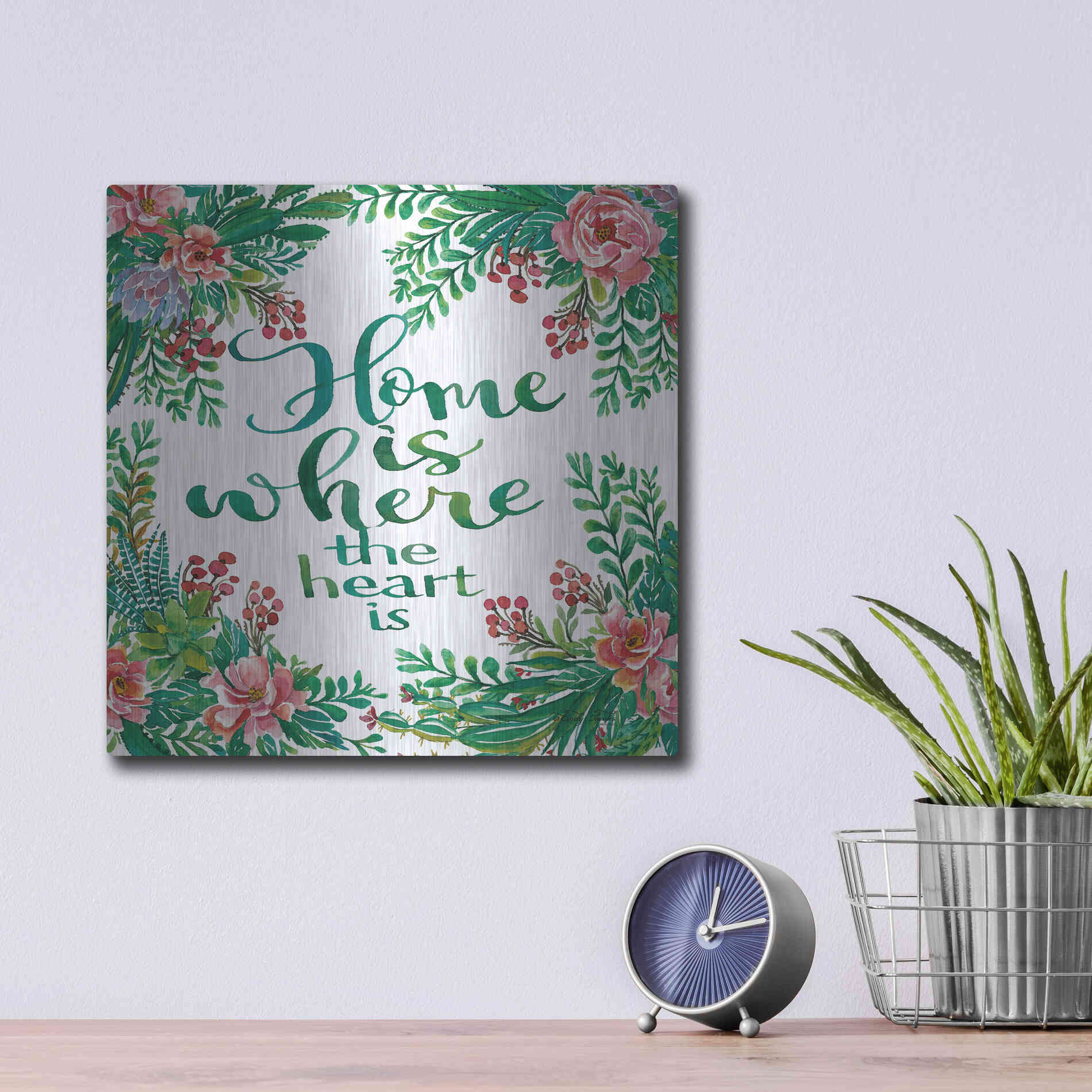 Luxe Metal Art 'Home Is Succulents' by Cindy Jacobs, Metal Wall Art,12x12