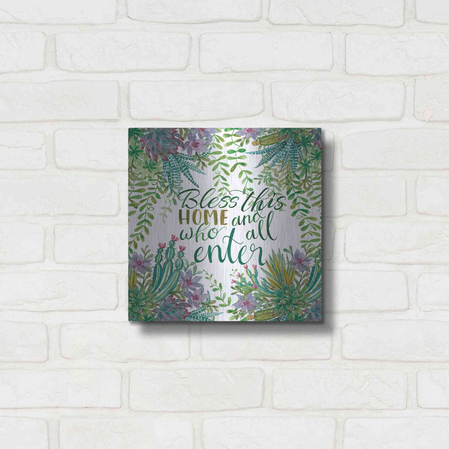 Luxe Metal Art 'Bless This Home Succulents' by Cindy Jacobs, Metal Wall Art,12x12