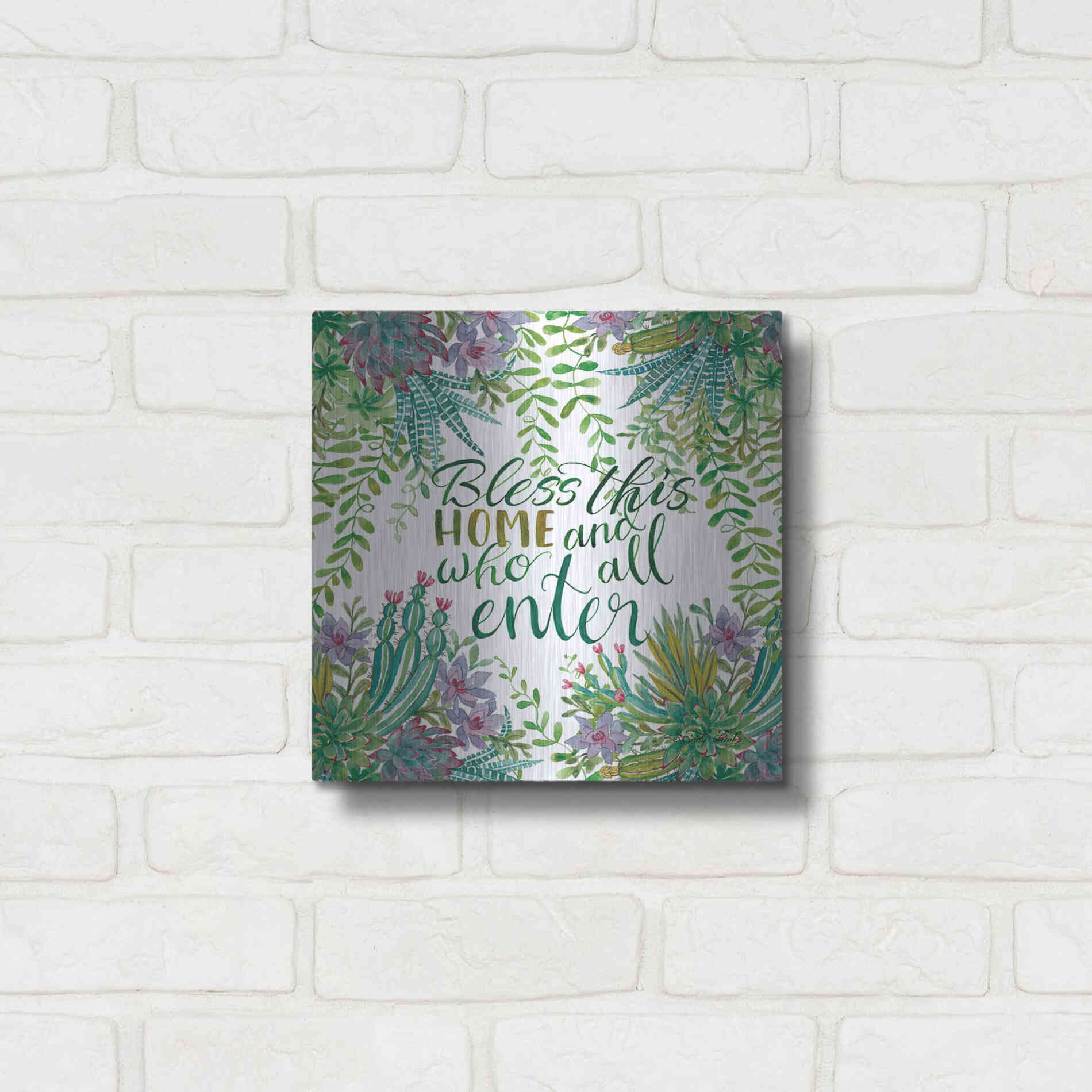Luxe Metal Art 'Bless This Home Succulents' by Cindy Jacobs, Metal Wall Art,12x12