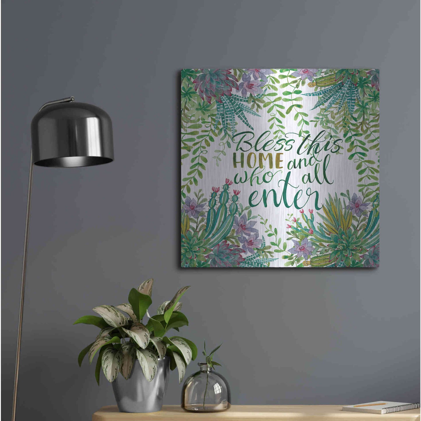 Luxe Metal Art 'Bless This Home Succulents' by Cindy Jacobs, Metal Wall Art,24x24