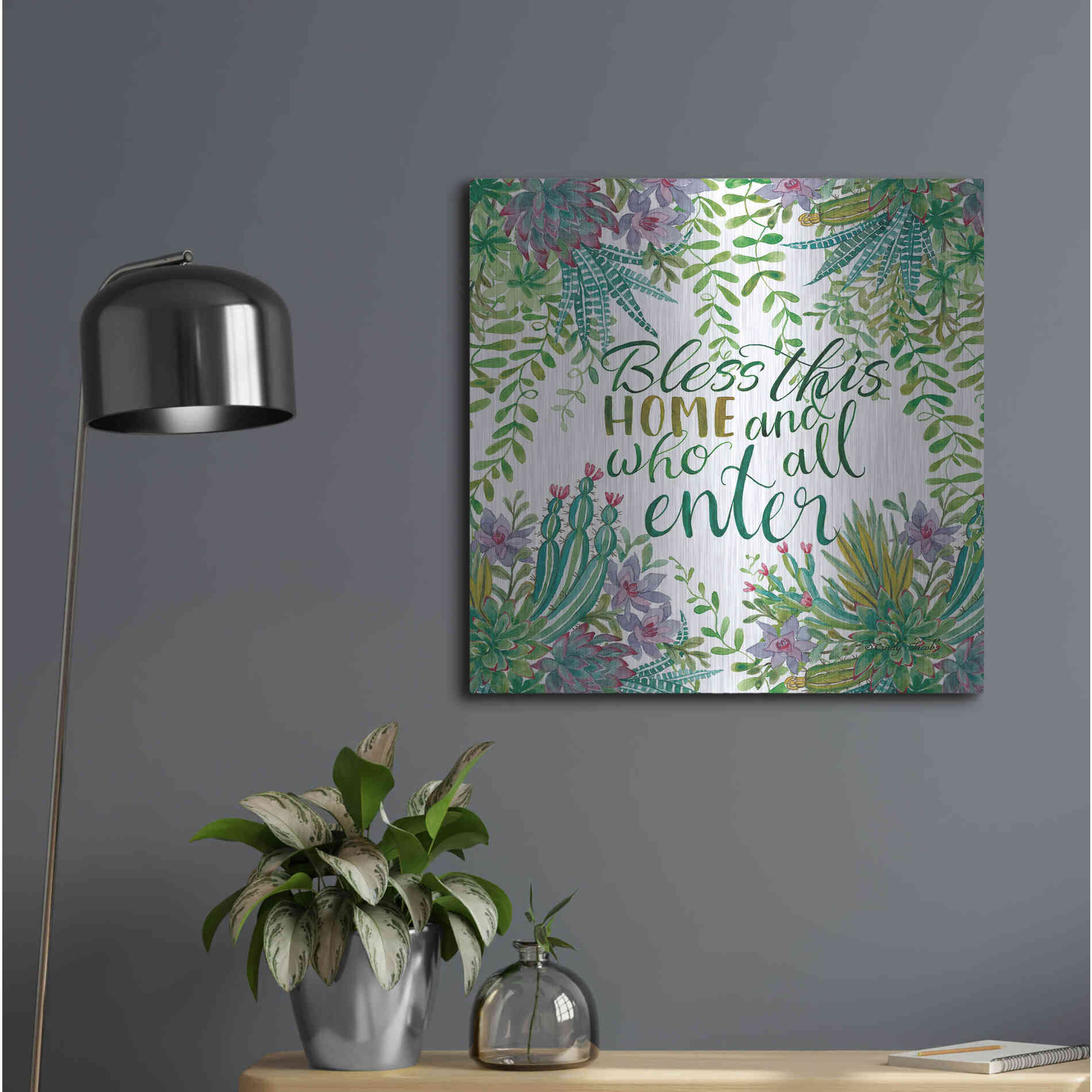 Luxe Metal Art 'Bless This Home Succulents' by Cindy Jacobs, Metal Wall Art,24x24