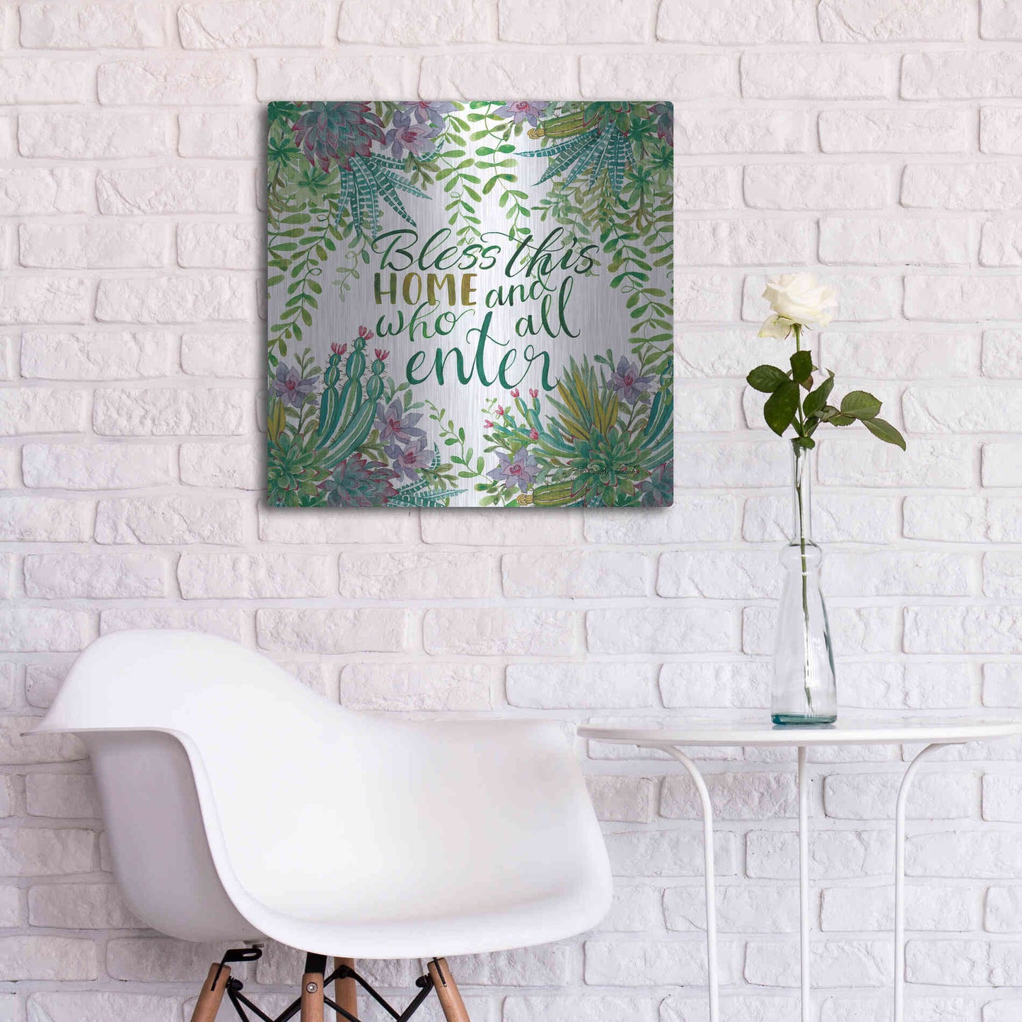 Luxe Metal Art 'Bless This Home Succulents' by Cindy Jacobs, Metal Wall Art,24x24