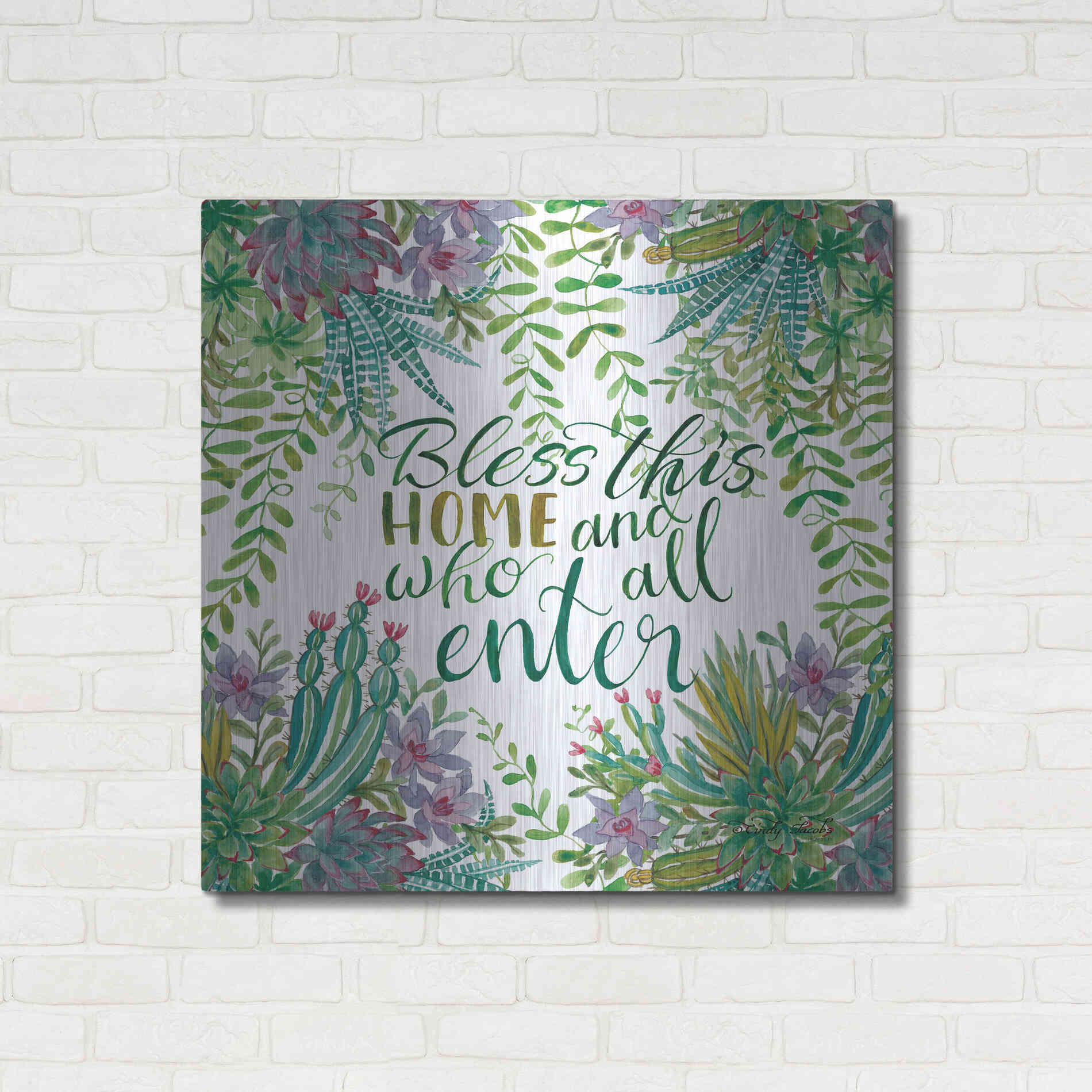 Luxe Metal Art 'Bless This Home Succulents' by Cindy Jacobs, Metal Wall Art,36x36