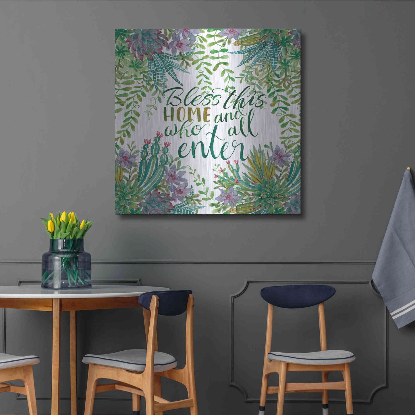 Luxe Metal Art 'Bless This Home Succulents' by Cindy Jacobs, Metal Wall Art,36x36