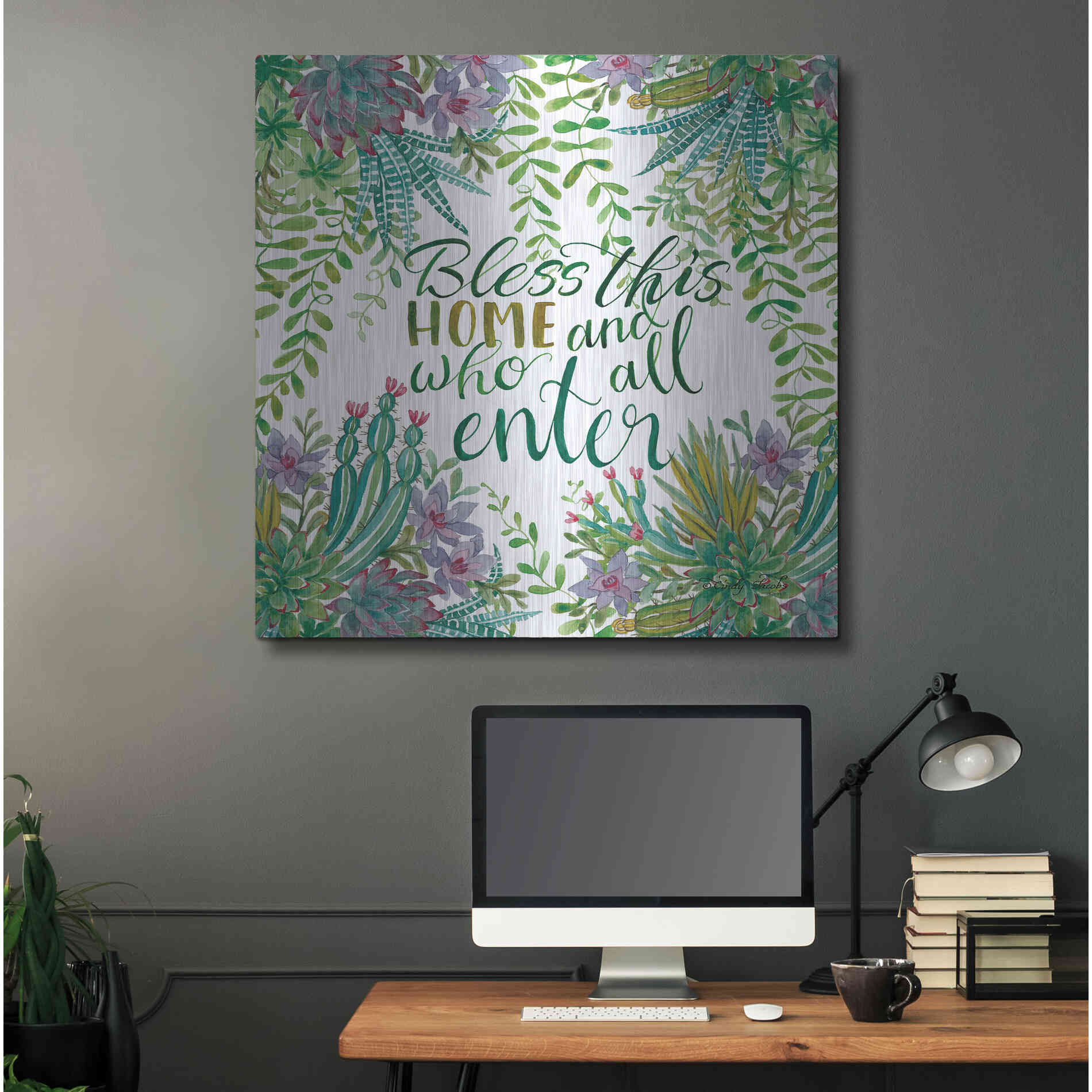 Luxe Metal Art 'Bless This Home Succulents' by Cindy Jacobs, Metal Wall Art,36x36