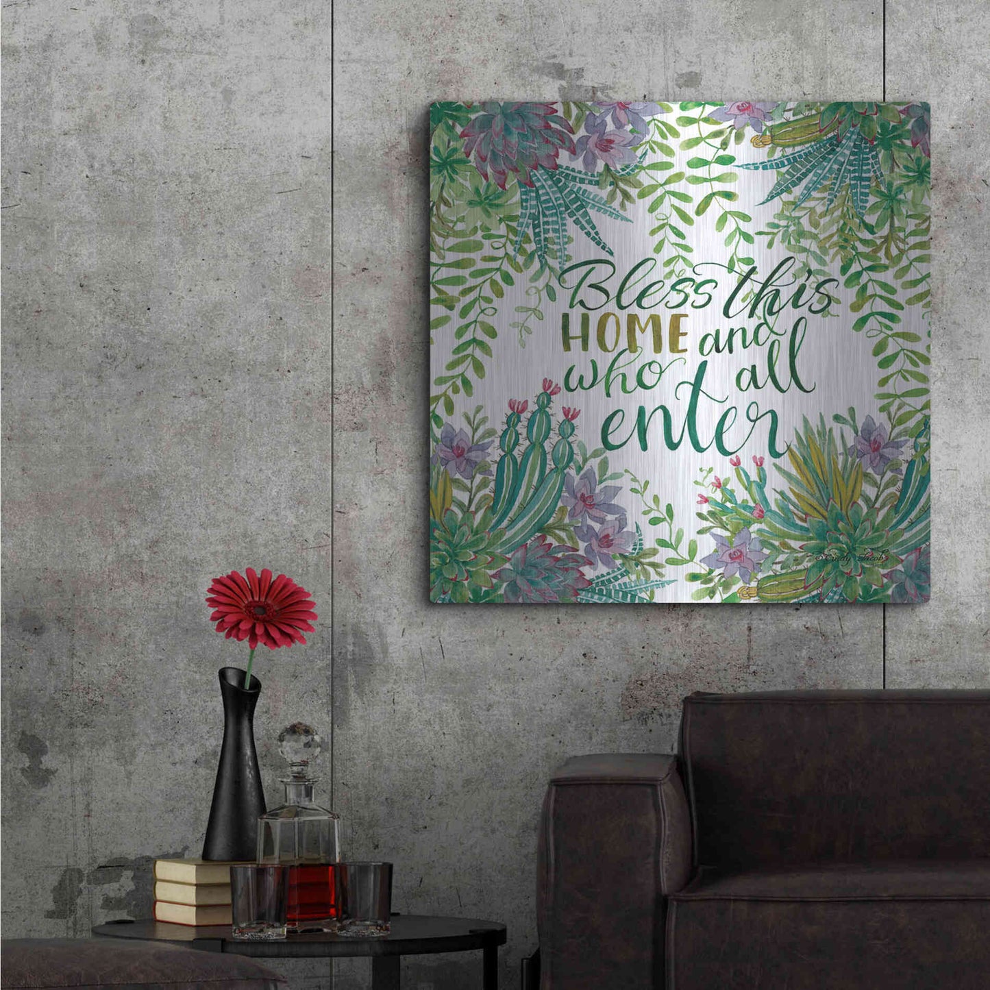 Luxe Metal Art 'Bless This Home Succulents' by Cindy Jacobs, Metal Wall Art,36x36