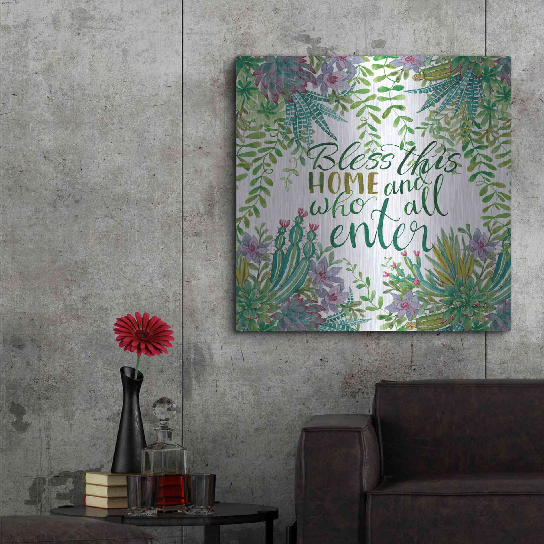 Luxe Metal Art 'Bless This Home Succulents' by Cindy Jacobs, Metal Wall Art,36x36