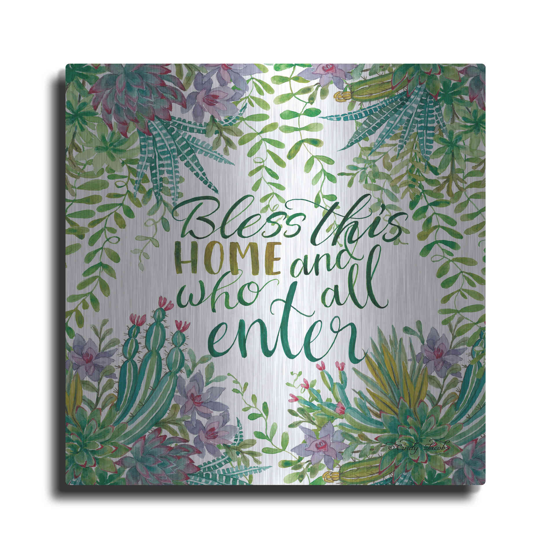 Luxe Metal Art 'Bless This Home Succulents' by Cindy Jacobs, Metal Wall Art