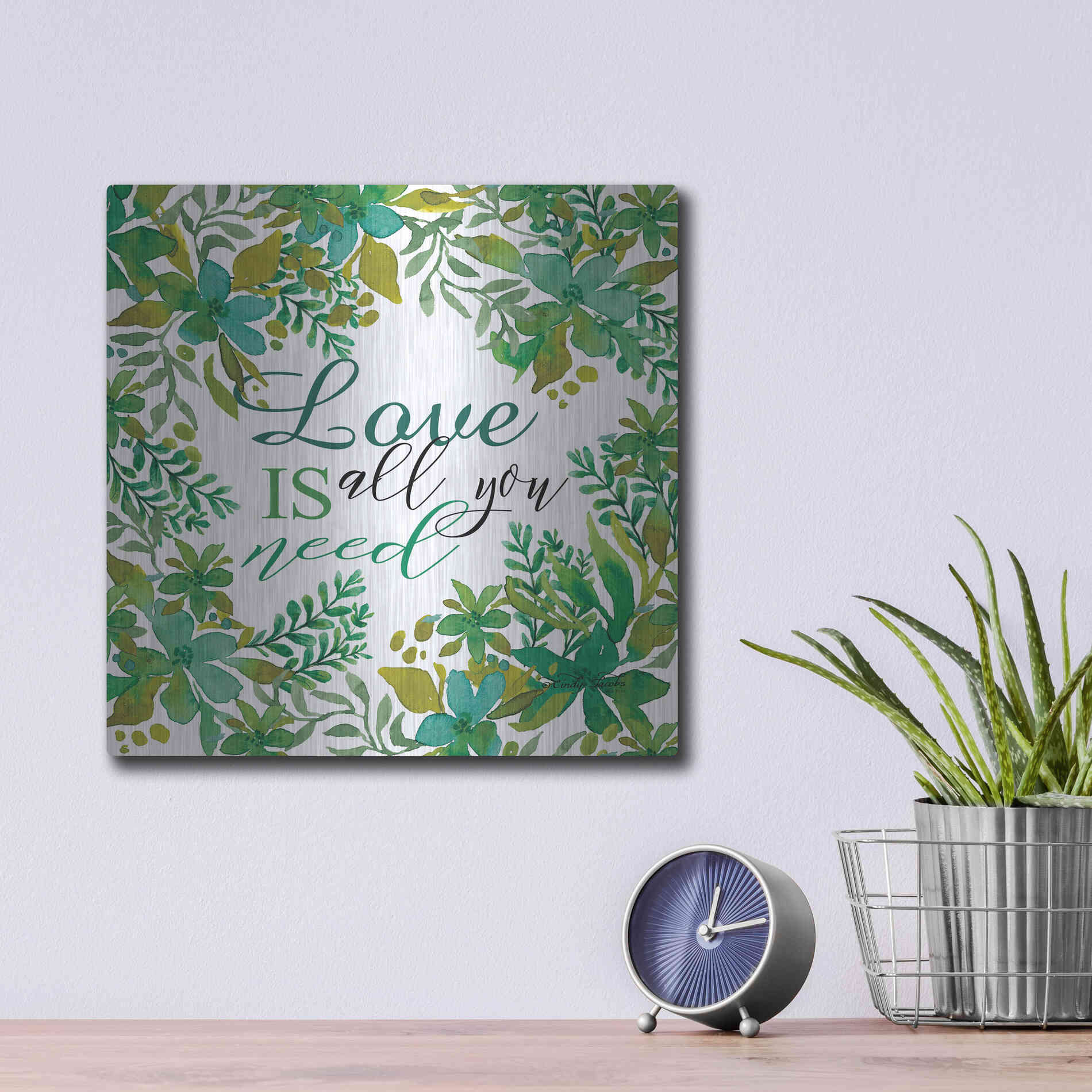 Luxe Metal Art 'Love Is Greenery' by Cindy Jacobs, Metal Wall Art,12x12