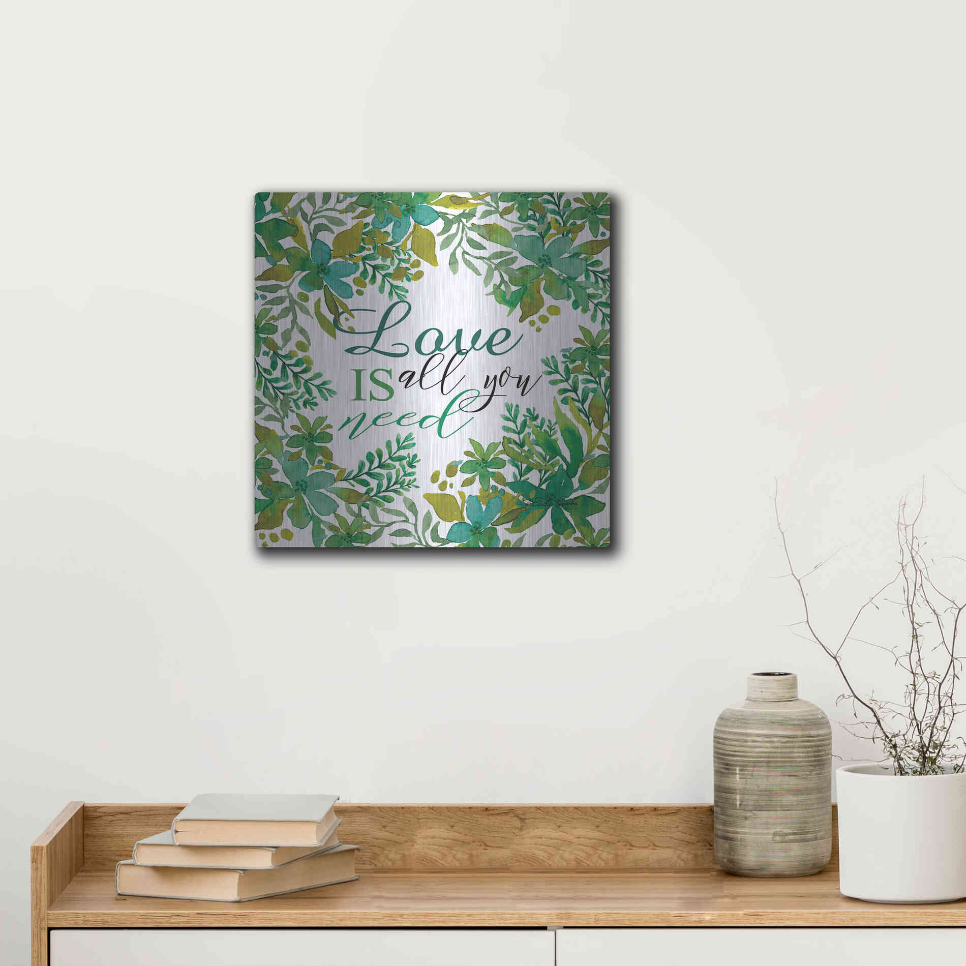 Luxe Metal Art 'Love Is Greenery' by Cindy Jacobs, Metal Wall Art,12x12