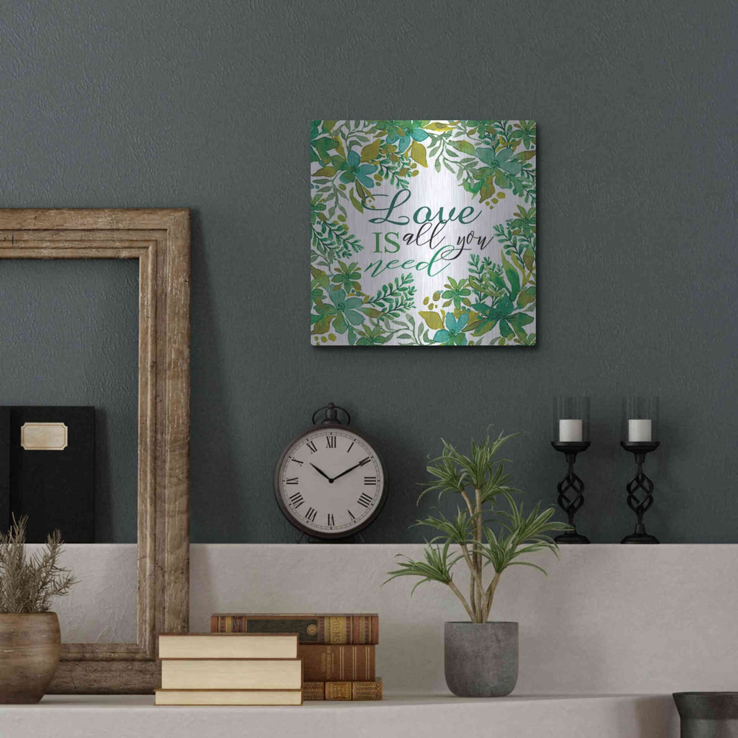 Luxe Metal Art 'Love Is Greenery' by Cindy Jacobs, Metal Wall Art,12x12
