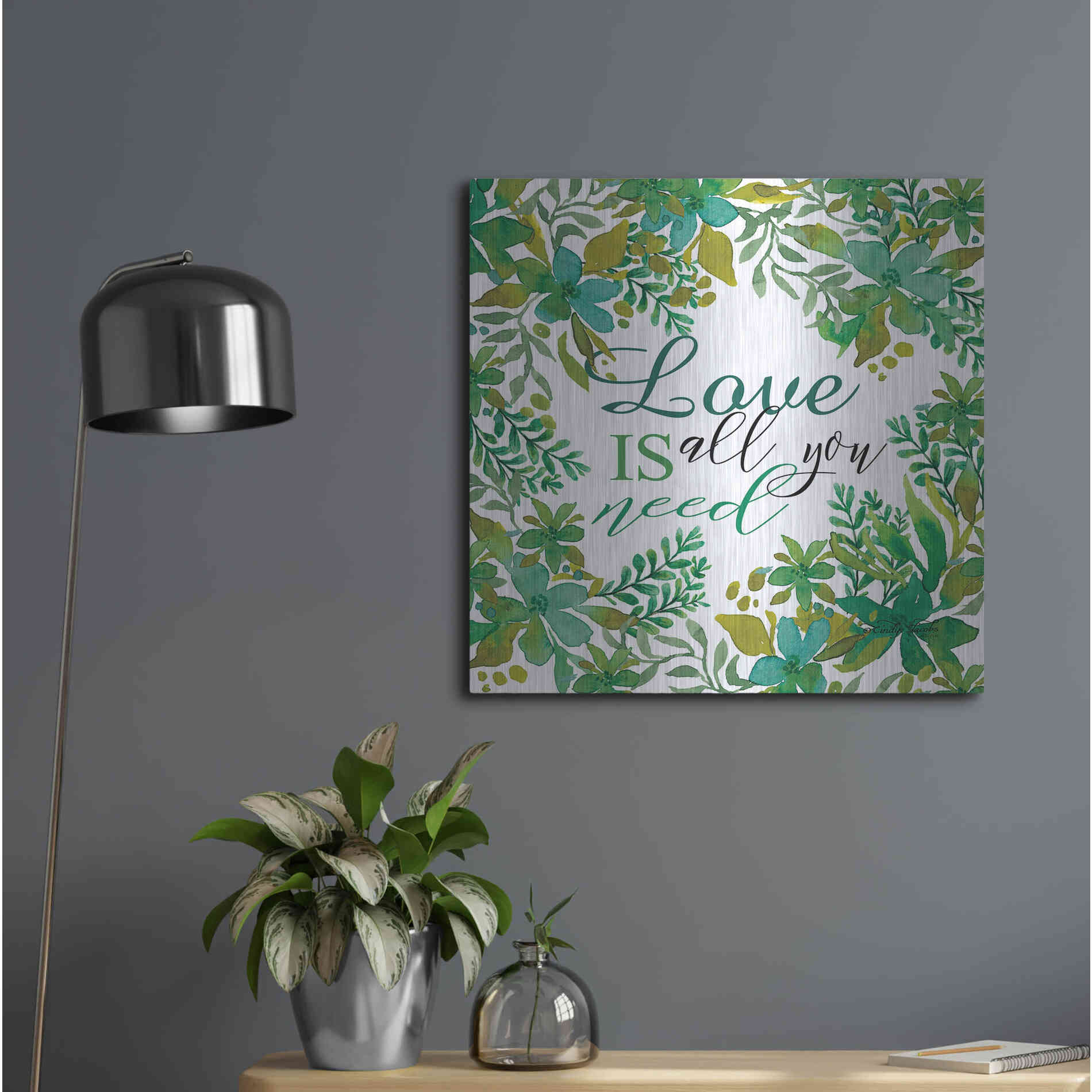 Luxe Metal Art 'Love Is Greenery' by Cindy Jacobs, Metal Wall Art,24x24