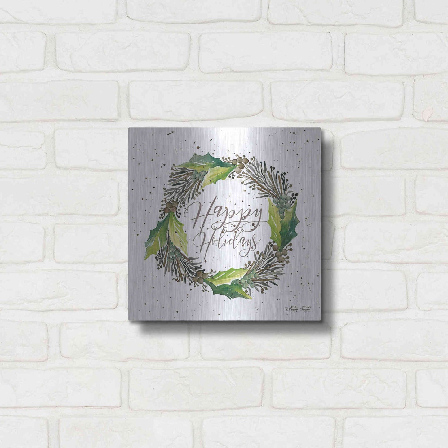 Luxe Metal Art 'Happy Holidays Wreath' by Cindy Jacobs, Metal Wall Art,12x12