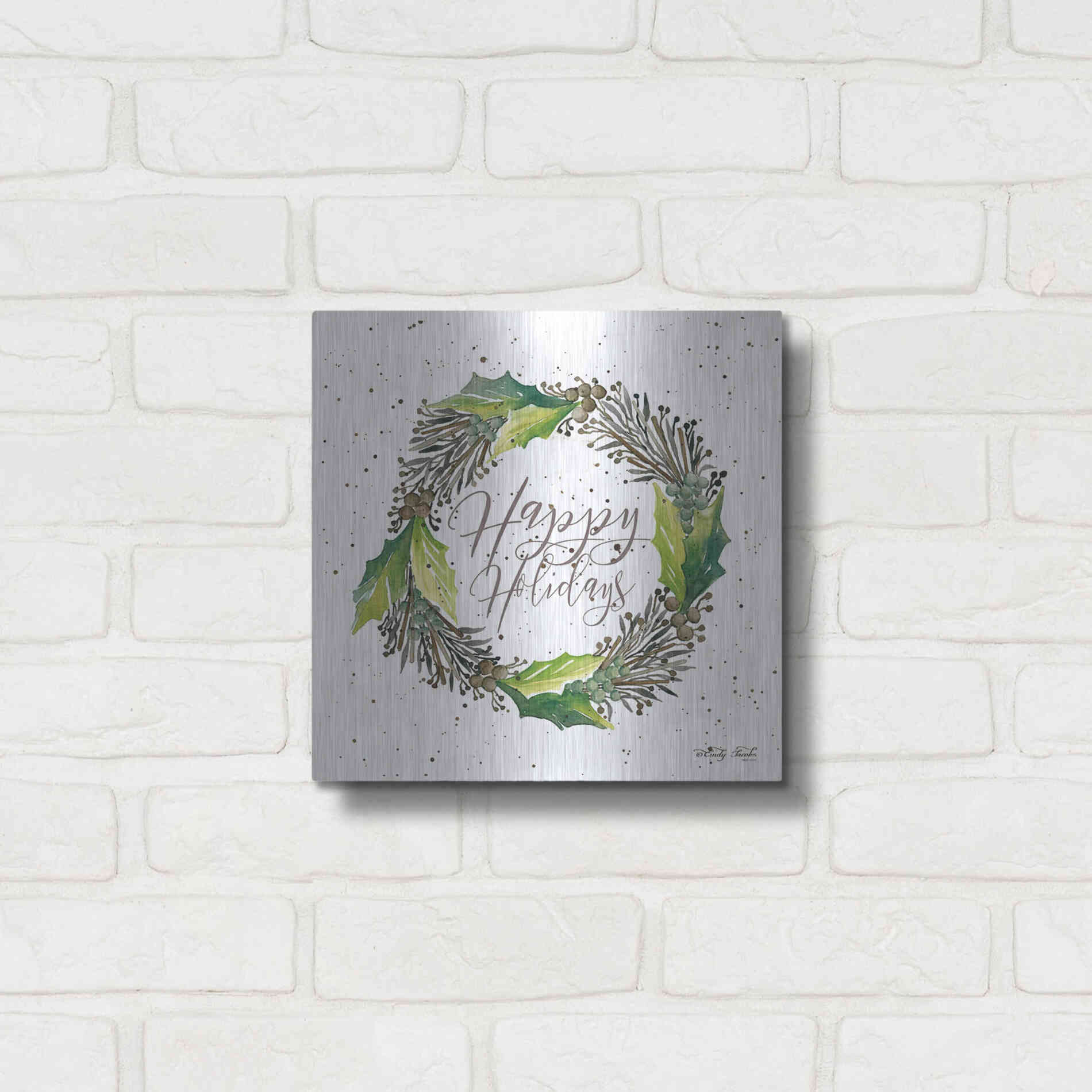 Luxe Metal Art 'Happy Holidays Wreath' by Cindy Jacobs, Metal Wall Art,12x12