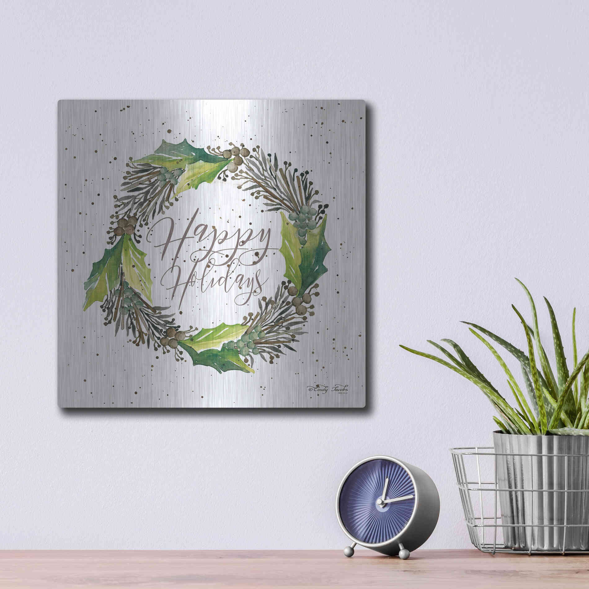 Luxe Metal Art 'Happy Holidays Wreath' by Cindy Jacobs, Metal Wall Art,12x12