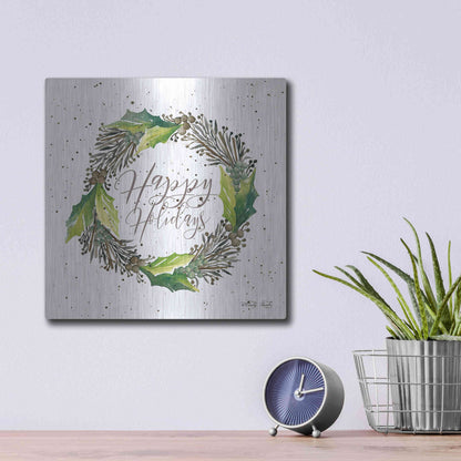 Luxe Metal Art 'Happy Holidays Wreath' by Cindy Jacobs, Metal Wall Art,12x12