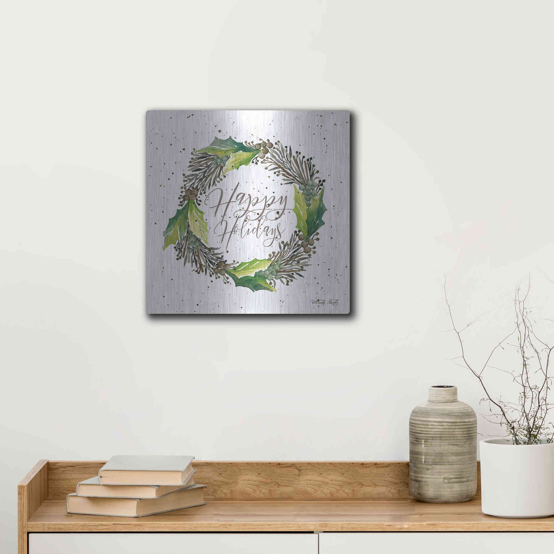 Luxe Metal Art 'Happy Holidays Wreath' by Cindy Jacobs, Metal Wall Art,12x12