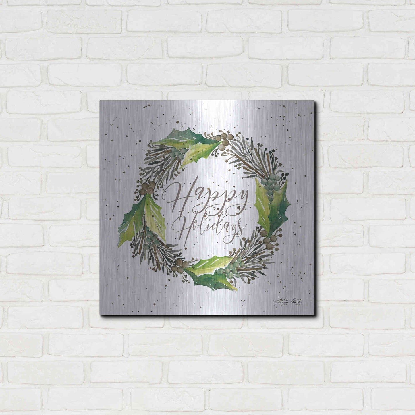 Luxe Metal Art 'Happy Holidays Wreath' by Cindy Jacobs, Metal Wall Art,24x24