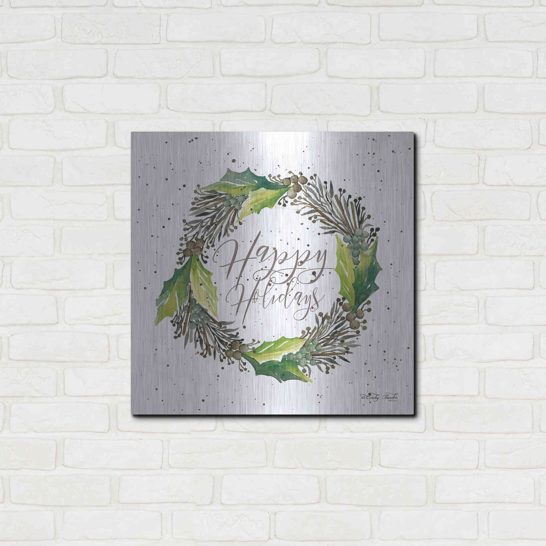 Luxe Metal Art 'Happy Holidays Wreath' by Cindy Jacobs, Metal Wall Art,24x24