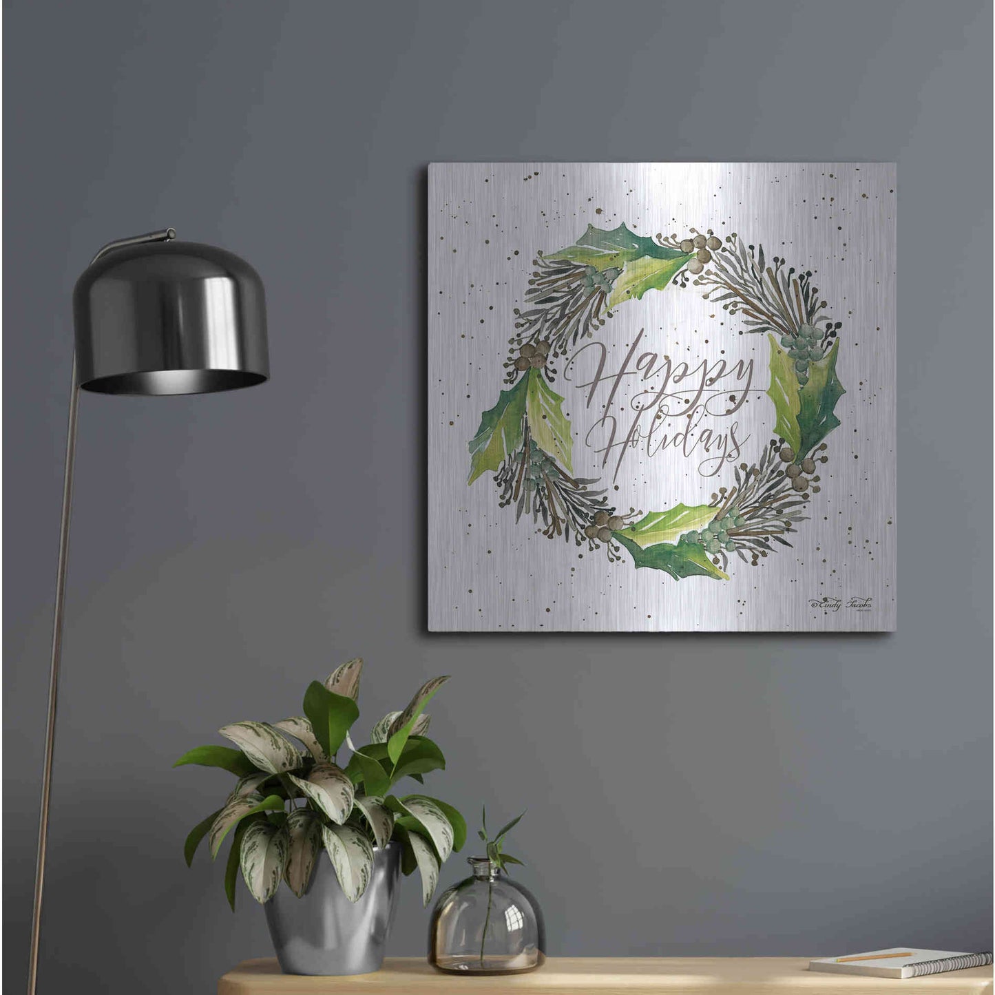Luxe Metal Art 'Happy Holidays Wreath' by Cindy Jacobs, Metal Wall Art,24x24