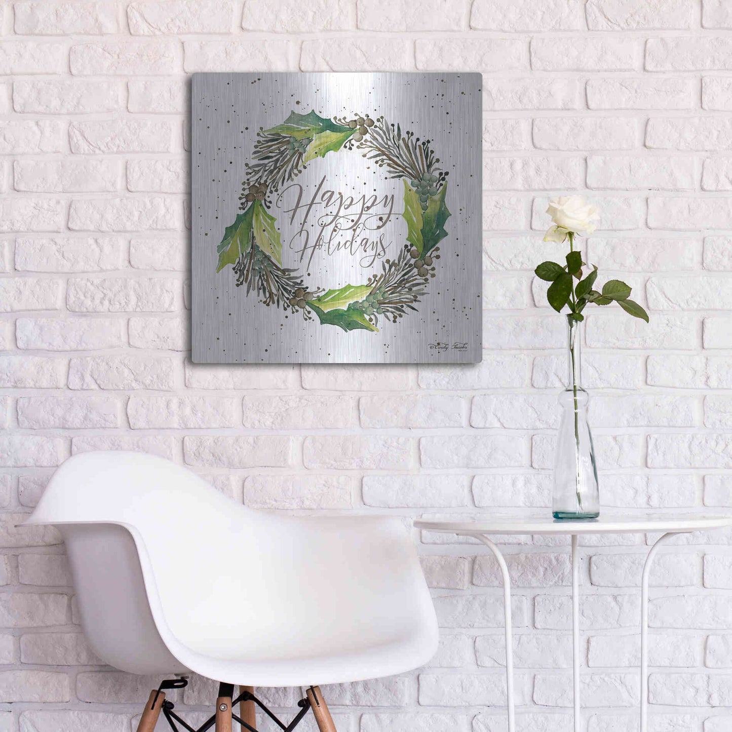 Luxe Metal Art 'Happy Holidays Wreath' by Cindy Jacobs, Metal Wall Art,24x24