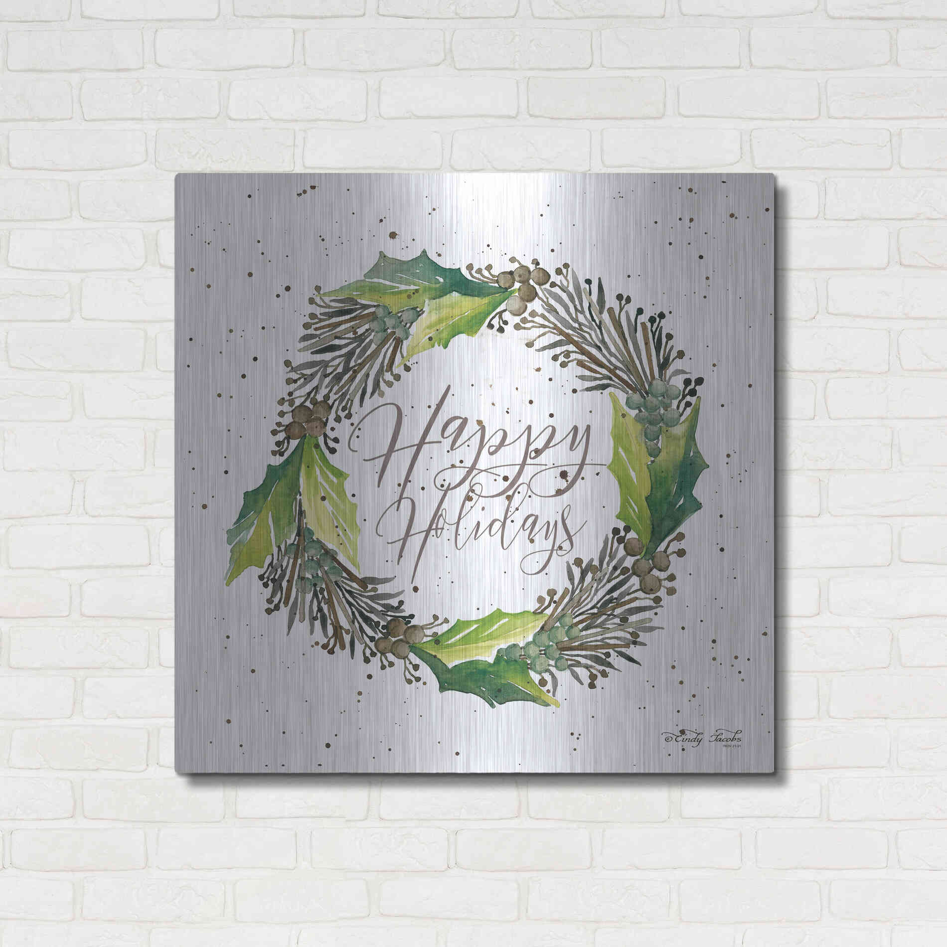 Luxe Metal Art 'Happy Holidays Wreath' by Cindy Jacobs, Metal Wall Art,36x36