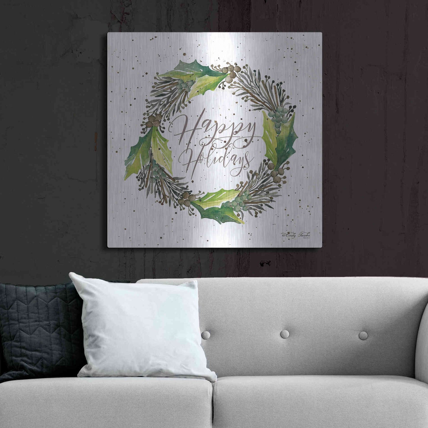 Luxe Metal Art 'Happy Holidays Wreath' by Cindy Jacobs, Metal Wall Art,36x36