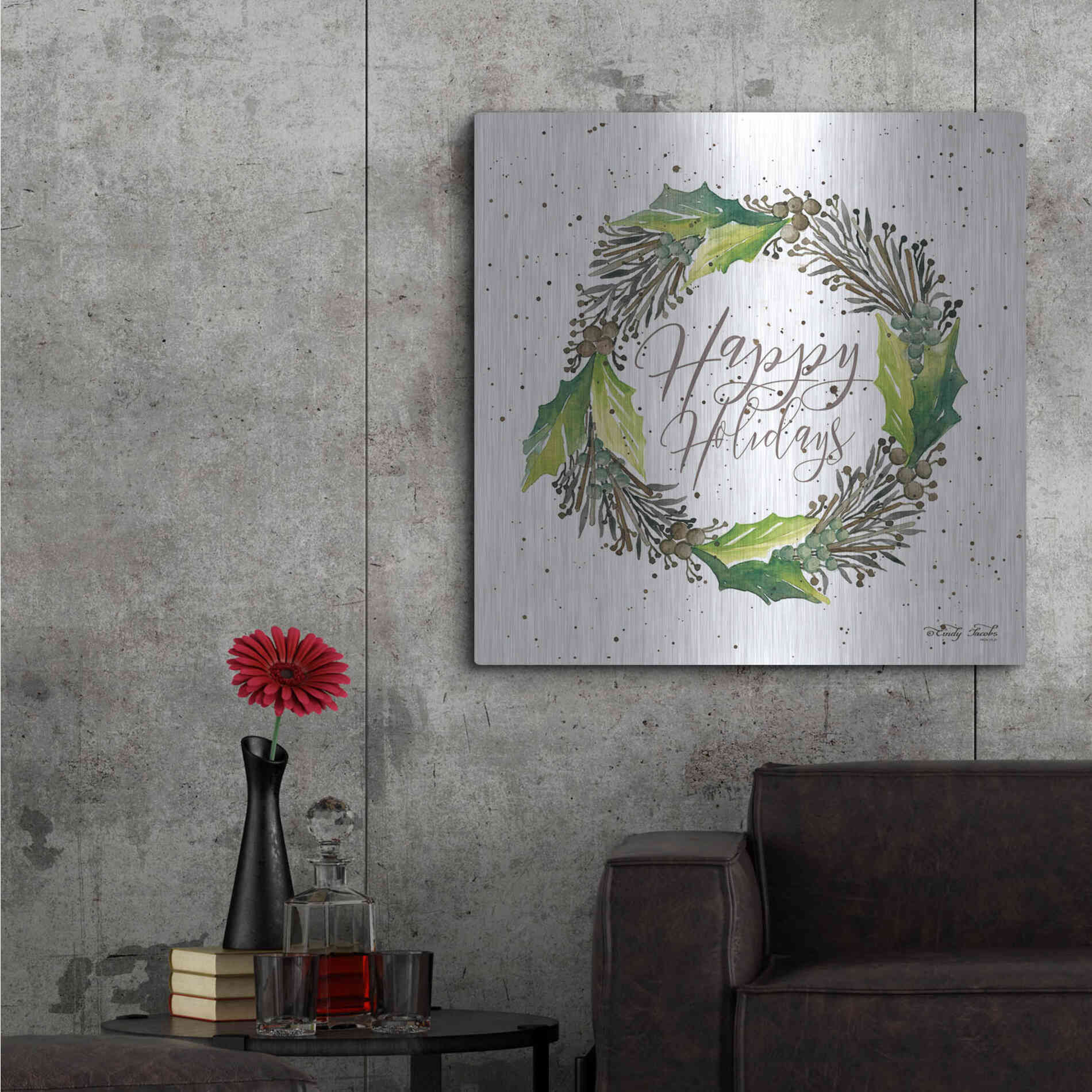 Luxe Metal Art 'Happy Holidays Wreath' by Cindy Jacobs, Metal Wall Art,36x36