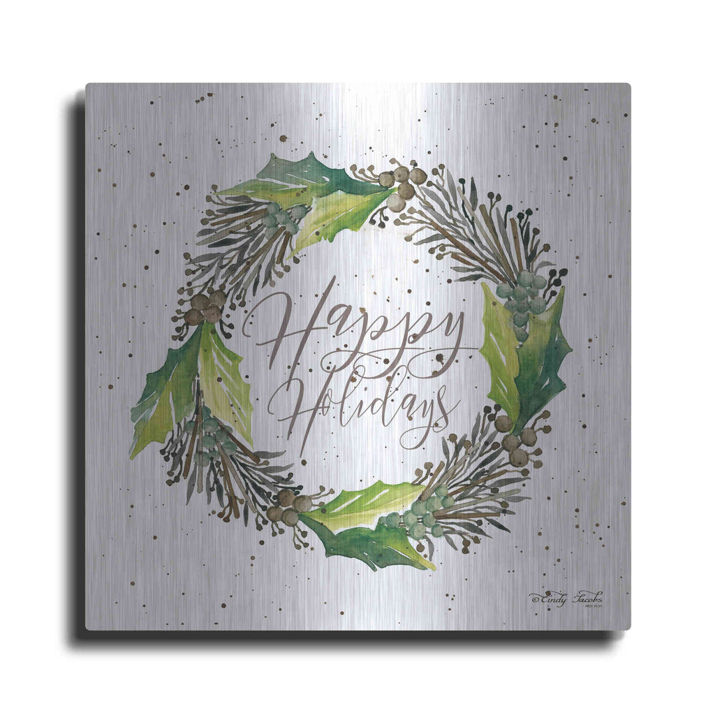 Luxe Metal Art 'Happy Holidays Wreath' by Cindy Jacobs, Metal Wall Art