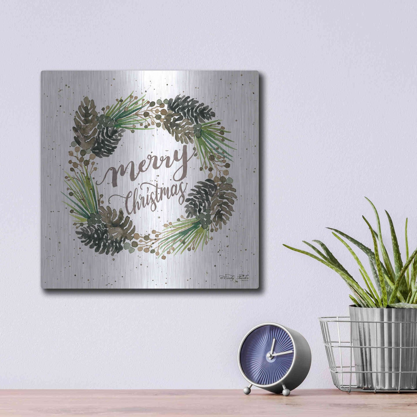 Luxe Metal Art 'Christmas Pinecone Wreath' by Cindy Jacobs, Metal Wall Art,12x12