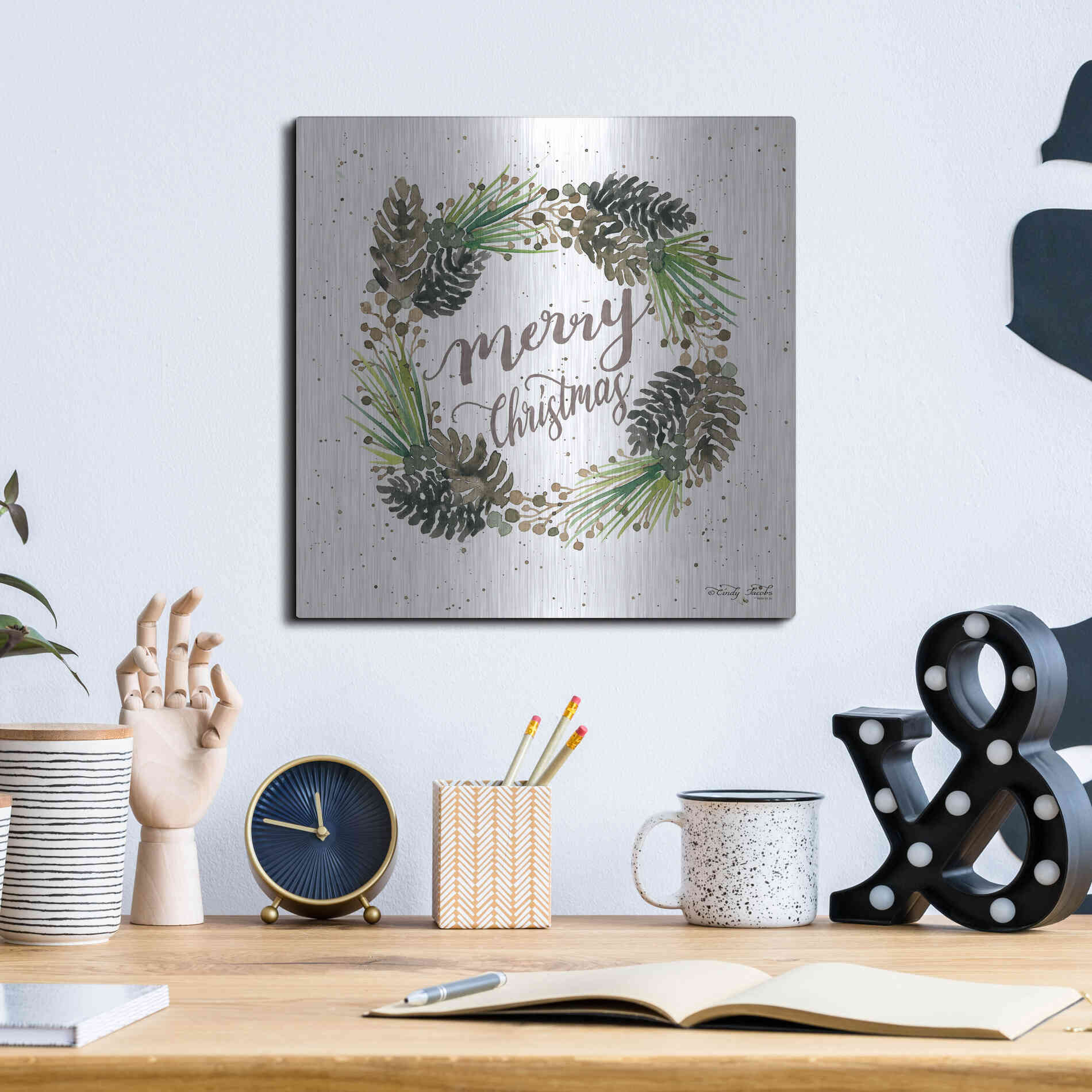 Luxe Metal Art 'Christmas Pinecone Wreath' by Cindy Jacobs, Metal Wall Art,12x12