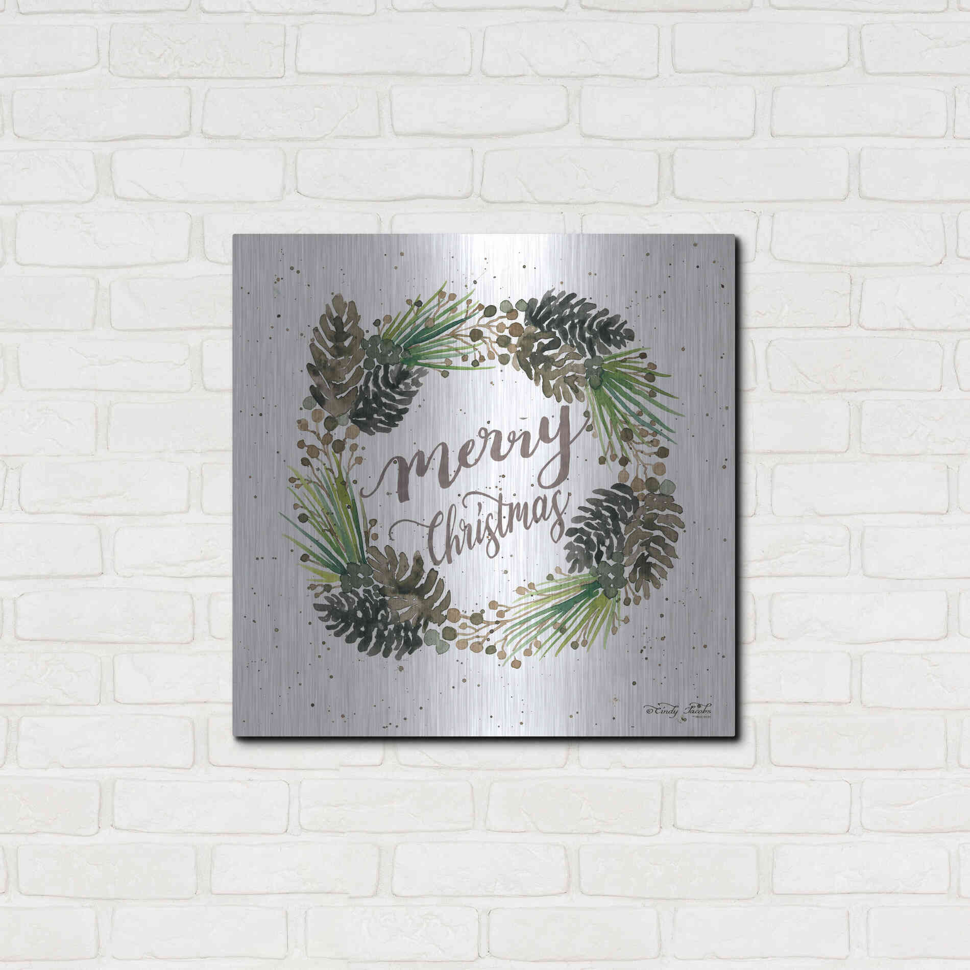 Luxe Metal Art 'Christmas Pinecone Wreath' by Cindy Jacobs, Metal Wall Art,24x24