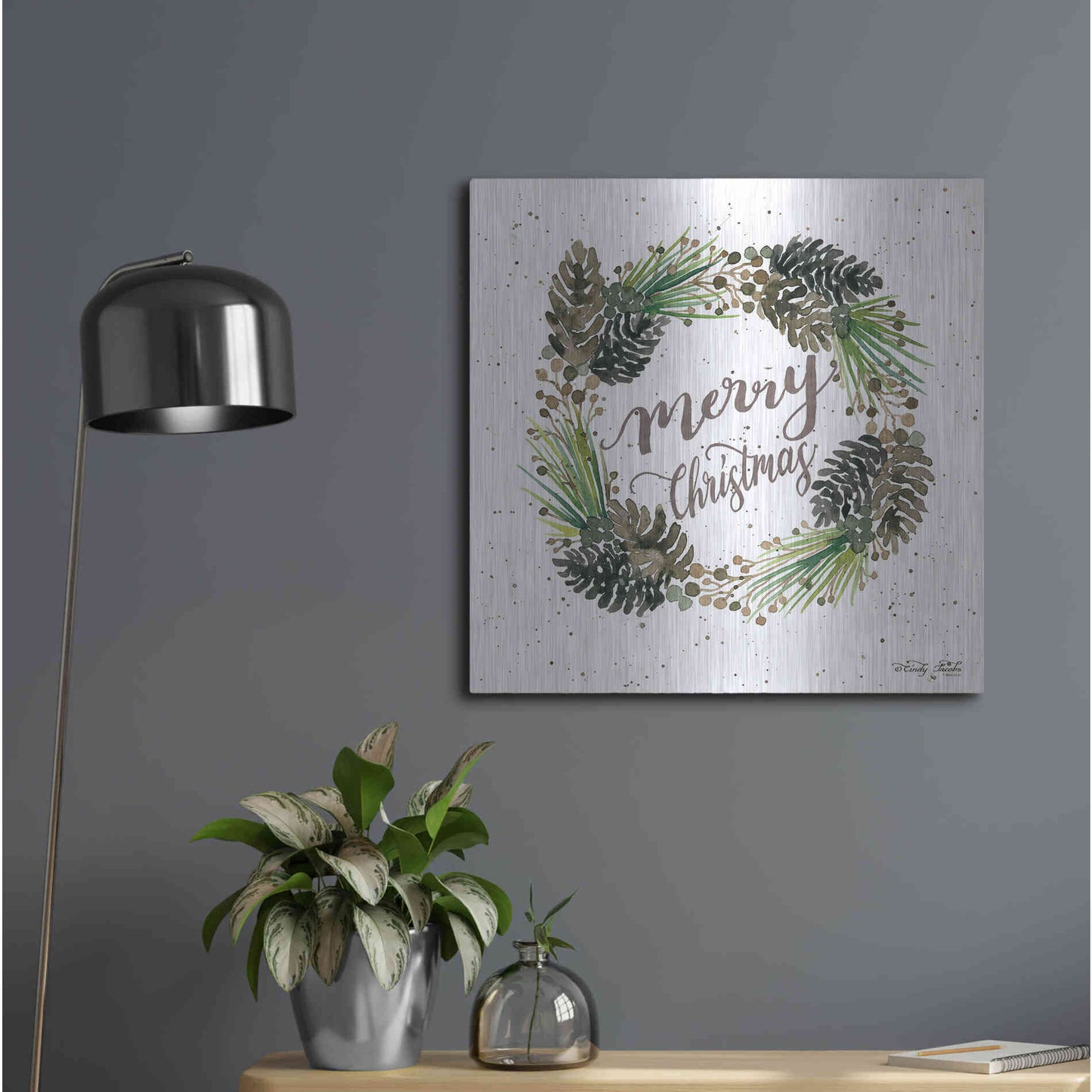 Luxe Metal Art 'Christmas Pinecone Wreath' by Cindy Jacobs, Metal Wall Art,24x24