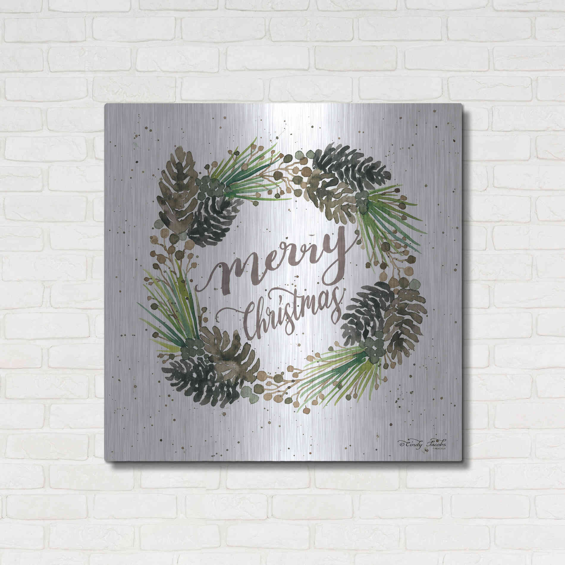 Luxe Metal Art 'Christmas Pinecone Wreath' by Cindy Jacobs, Metal Wall Art,36x36