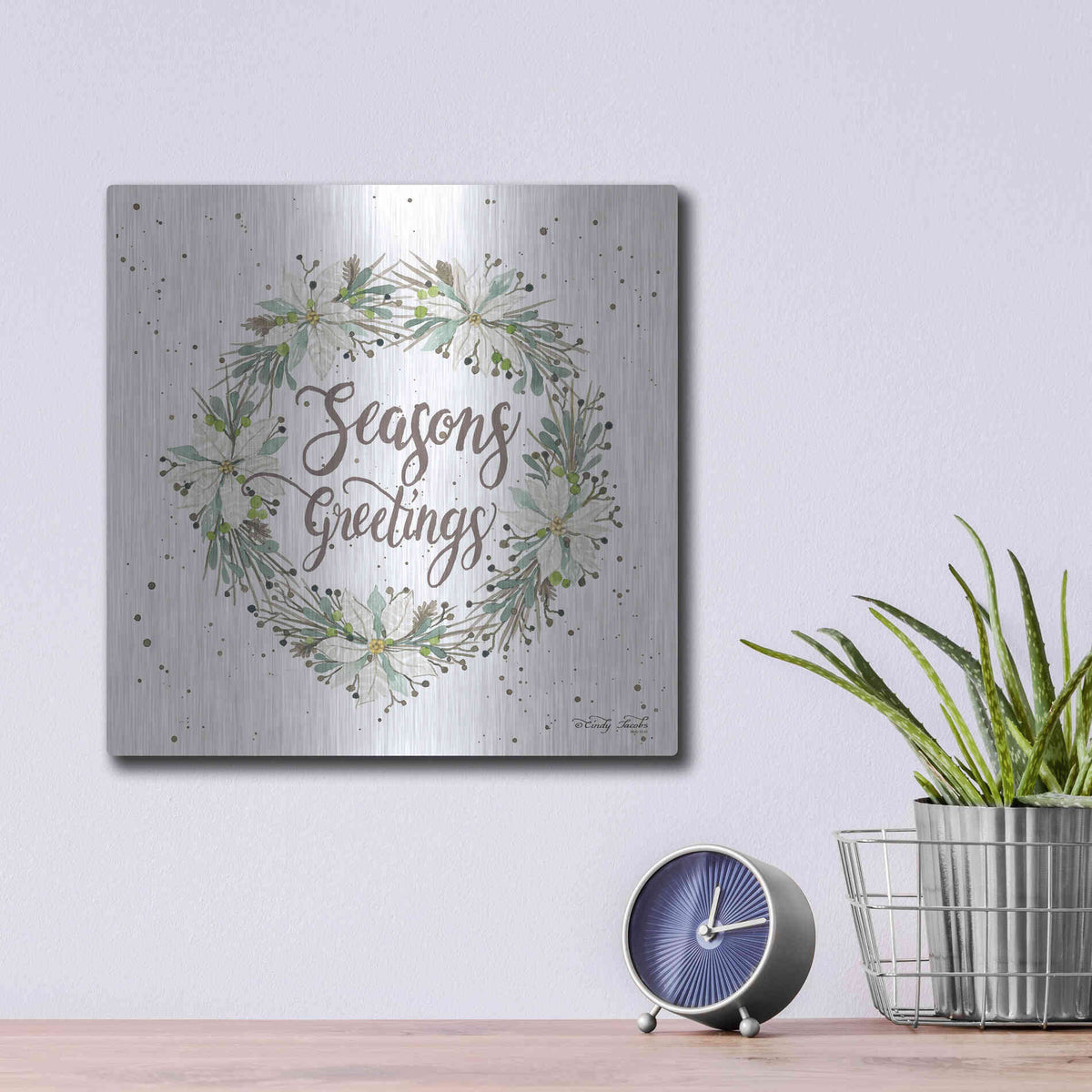 Luxe Metal Art 'Seasons Greetings Wreath III' by Cindy Jacobs, Metal Wall Art,12x12