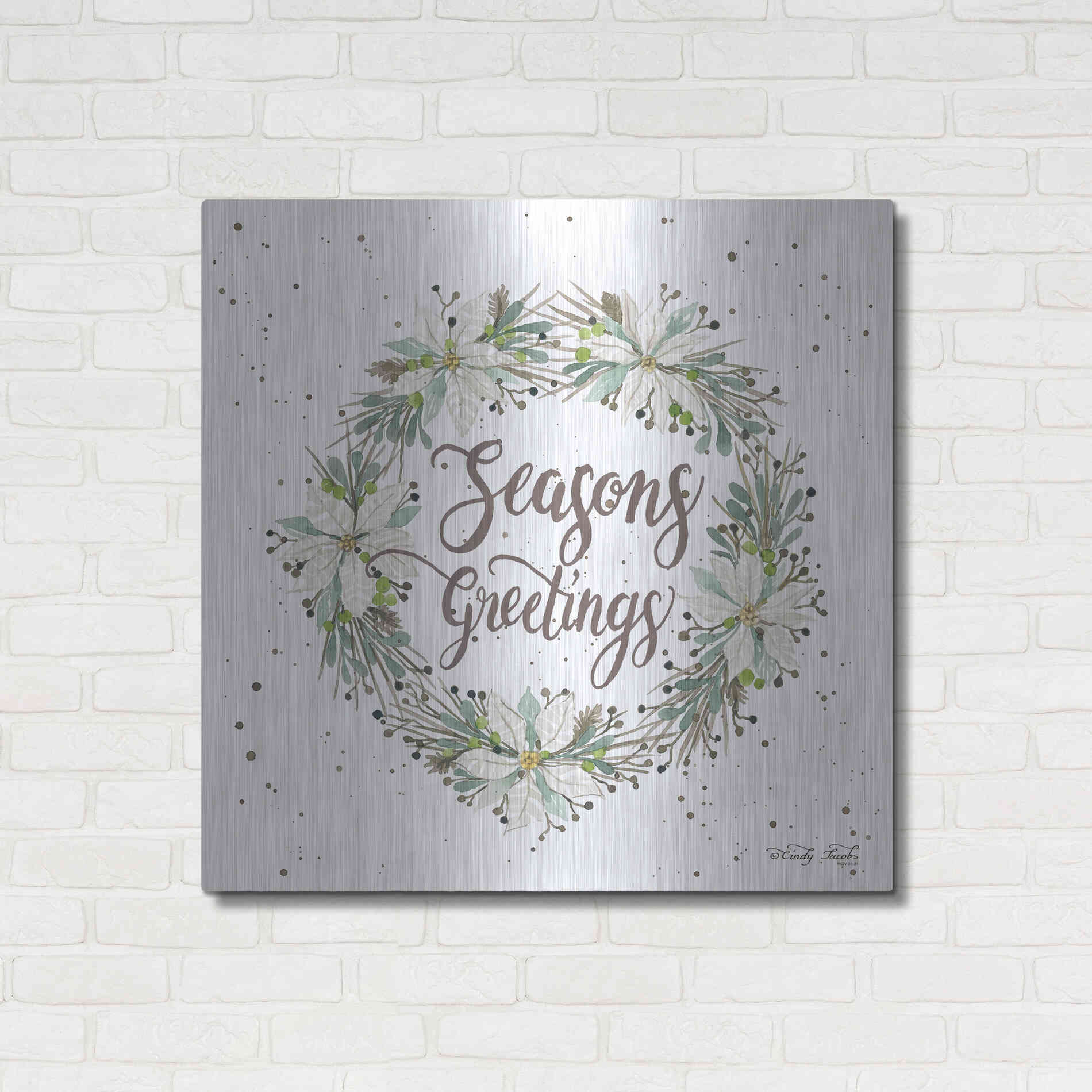 Luxe Metal Art 'Seasons Greetings Wreath III' by Cindy Jacobs, Metal Wall Art,36x36