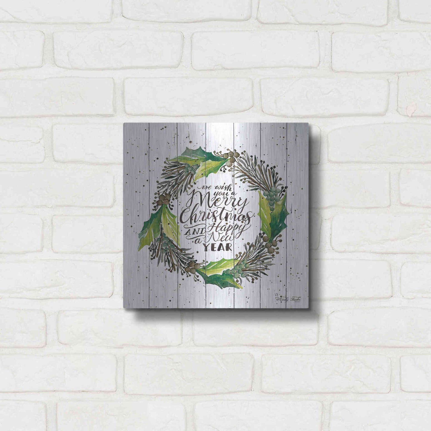 Luxe Metal Art 'Merry Christmas and Happy New Year Wreath' by Cindy Jacobs, Metal Wall Art,12x12