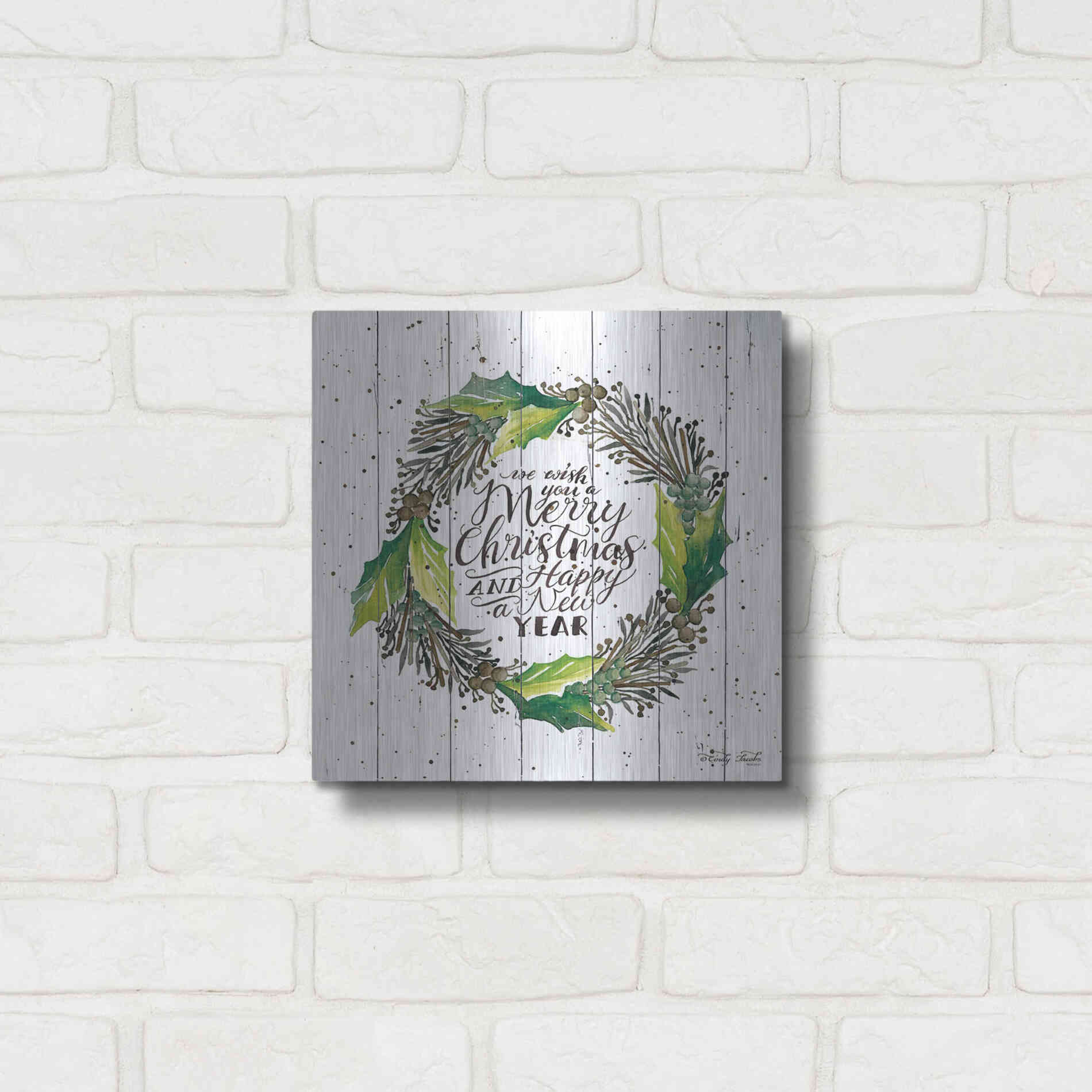 Luxe Metal Art 'Merry Christmas and Happy New Year Wreath' by Cindy Jacobs, Metal Wall Art,12x12