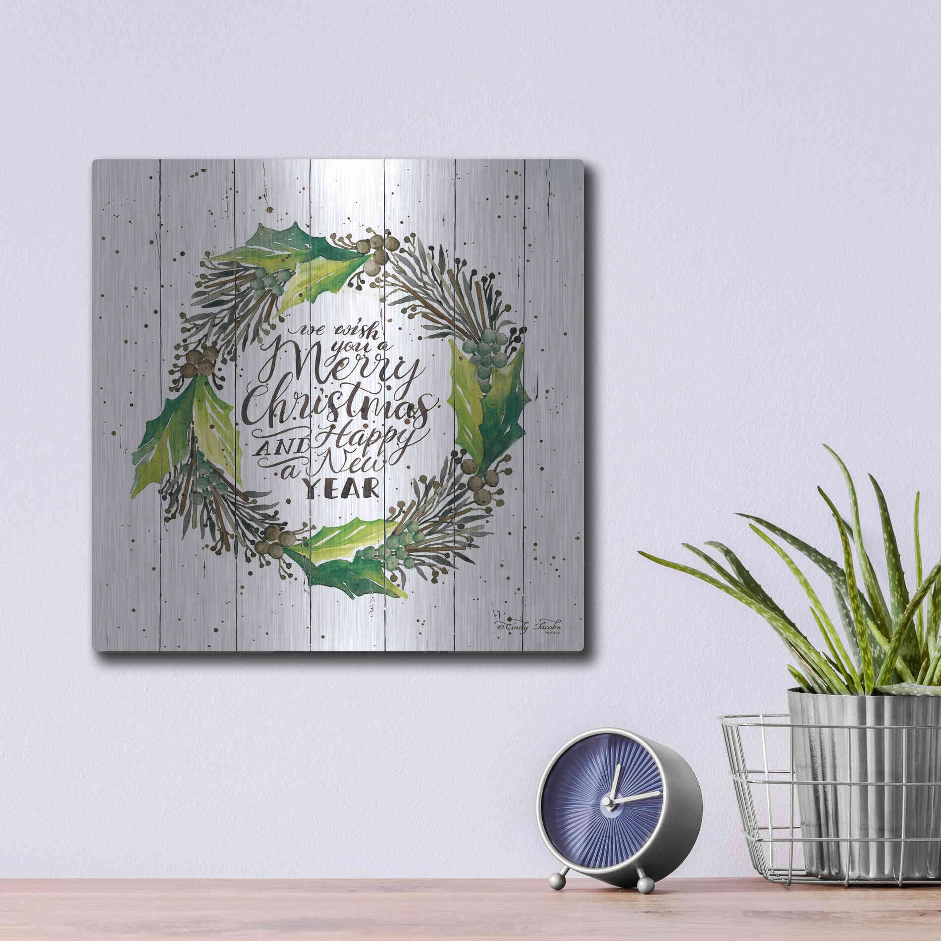 Luxe Metal Art 'Merry Christmas and Happy New Year Wreath' by Cindy Jacobs, Metal Wall Art,12x12